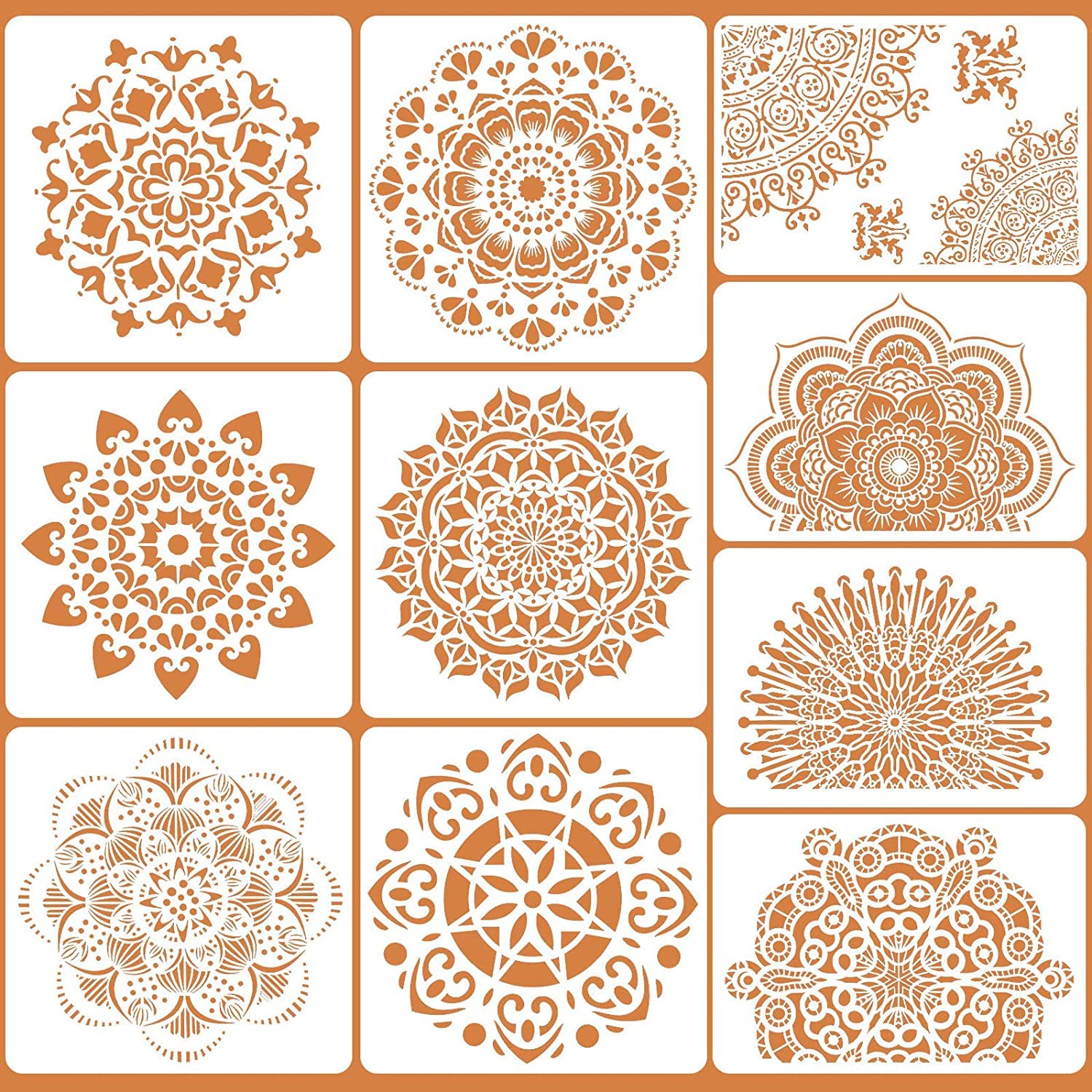 Ivana's 10 Pieces Large Mandala Stencils Mandala Print Templates Reusable Painting Stencils Laser Cut Mandala Dot Stencils for Wall Tile Floor Fabric Furniture Painting DIY Supplies, 10 Styles, 2 Size