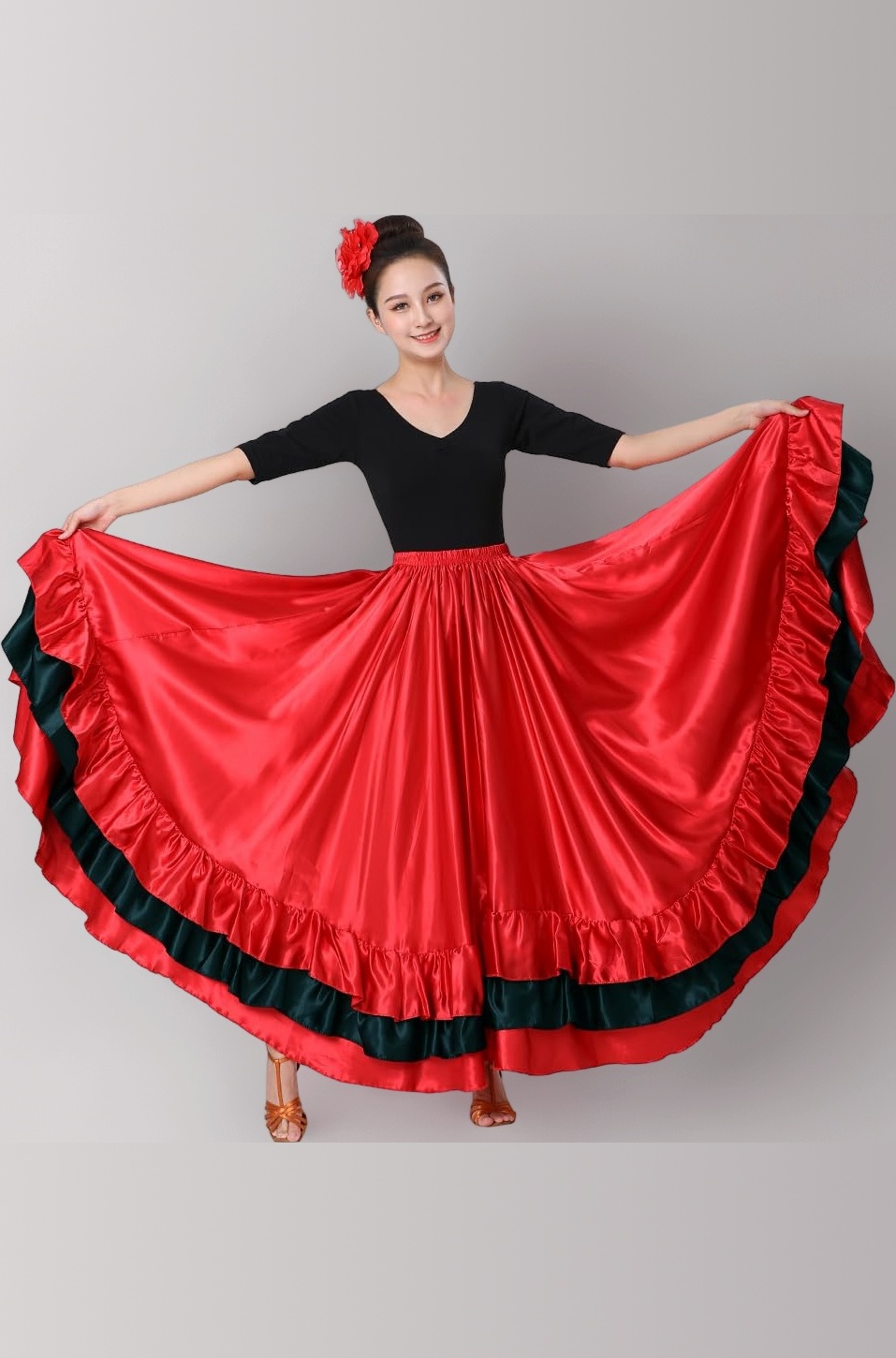 Womens Long Circle Spanish Bull Folkloric Mexican Flamenco Bomba y Plena Belly Dance Skirt Party Dancing Costume (Red)