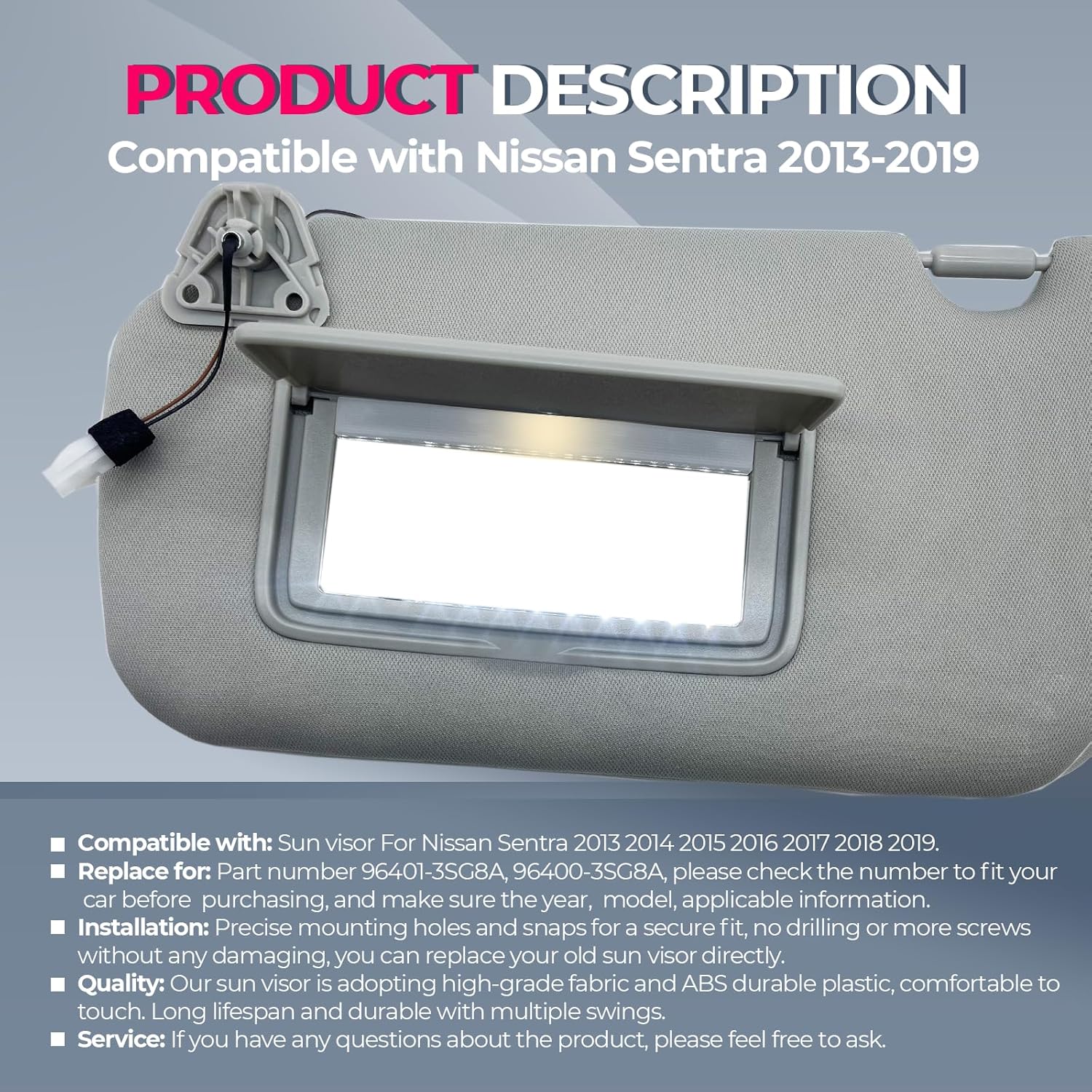 Driver & Passenger Side Sun Visor with Light Replacement Fits for Nissan Sentra 2013-2019 Sunshade96401-3SG8A 96400-3SG8A Color Gray (Gray（Driver & Passenger Side）)