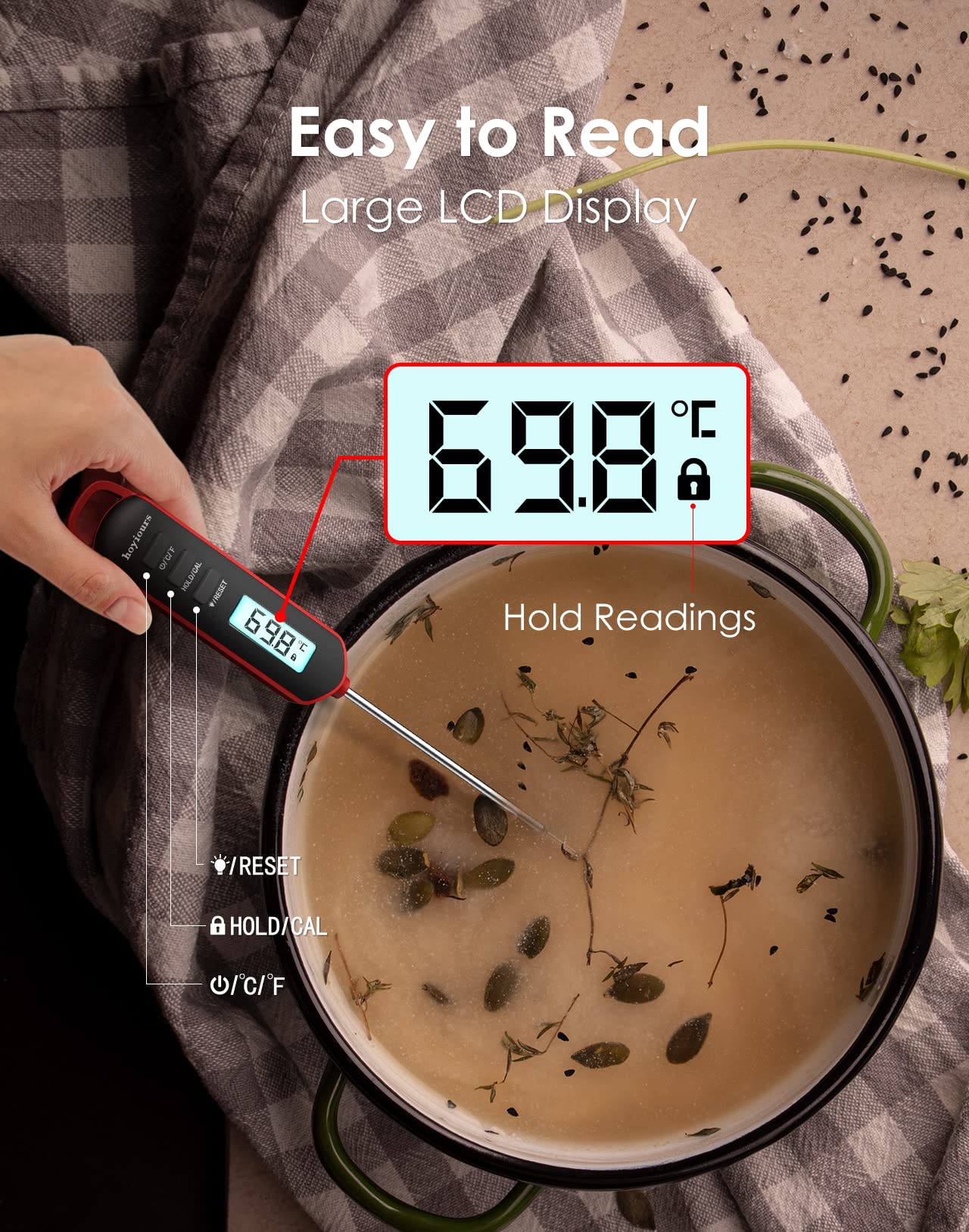 Thermomètre à viande à lecture instantanée - Thermomètre numérique pour aliments et viandes avec sonde de 11,9 cm de long