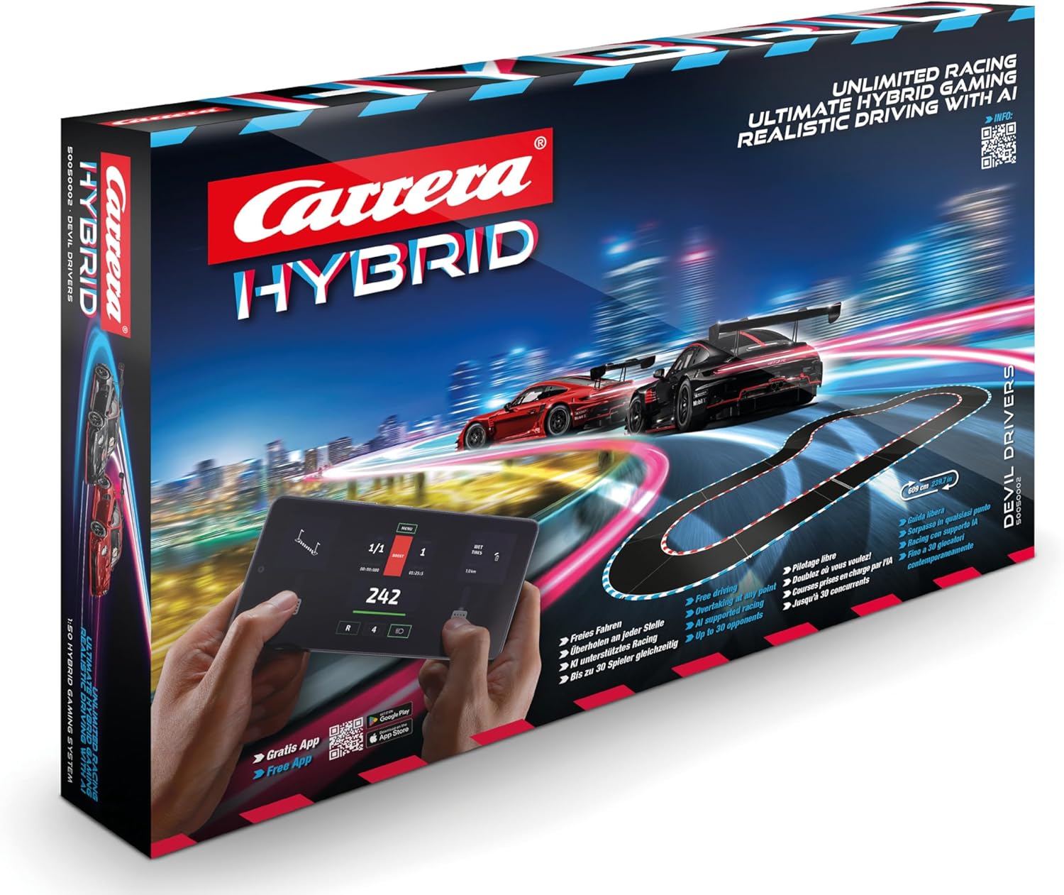 Carrera HYBRID Devil Drivers Race track, latest generation racing fun, with 2 legendary Porsche 911 GT3 R racing cars, scale 1:50, hybrid technology with AI support, control via smartphone app