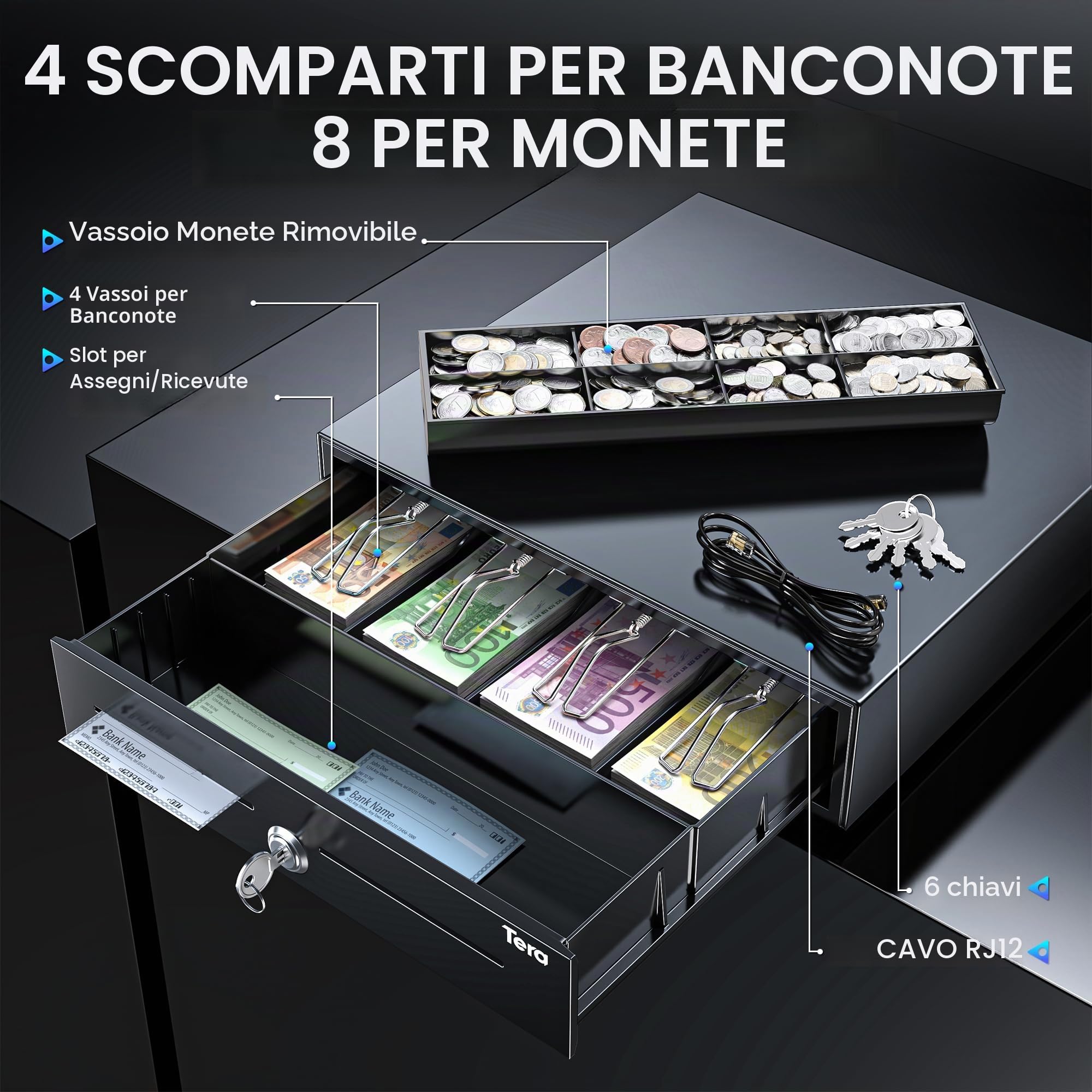 Tera Cassetta portavalori chiudibile a chiave, scomparto monete: 4 scomparti per banconote, 8 scomparti per monete, 41 x 41,6 x 11,3 cm, con inserto RJ12, chiavi per registratore di cassa