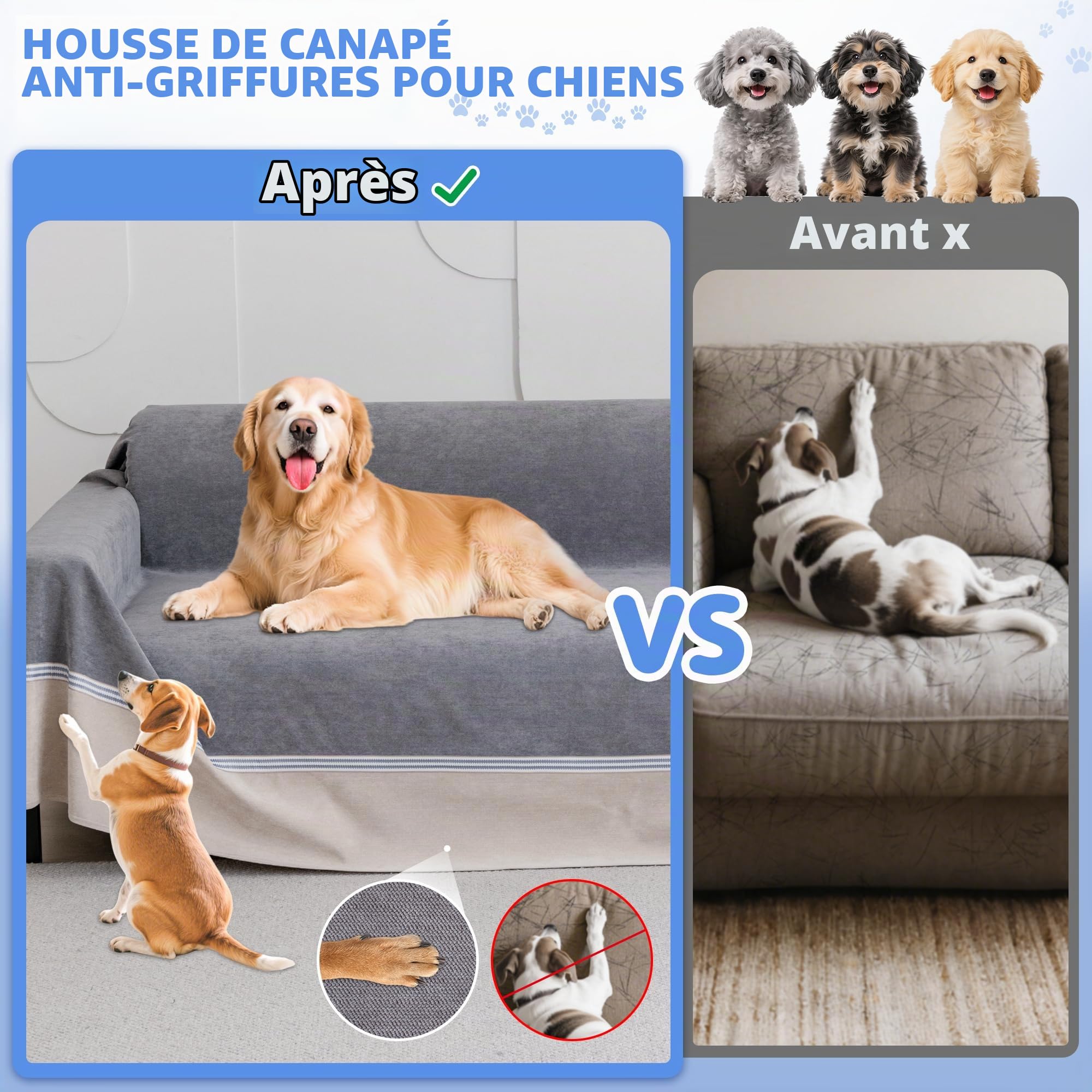 Loiion 100% Protège Canapé Imperméable, Protege Canape Chien, Housse de Canapé Anti Pipi, Housse de Canape Anti Dérapante, Anti-Griffes Protège pour Chiens Chats Animaux, Gris, 300x230cm