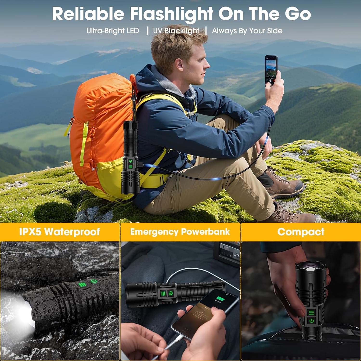 UV Blacklight&High Lumens Flashlight Rechargeable, Powerful Blacklight Flashlights for Pet Urine Detection, Resin Curing, Scorpion, Zoomable Waterproof Tactical LED Flashlight for Camping, Emgergency