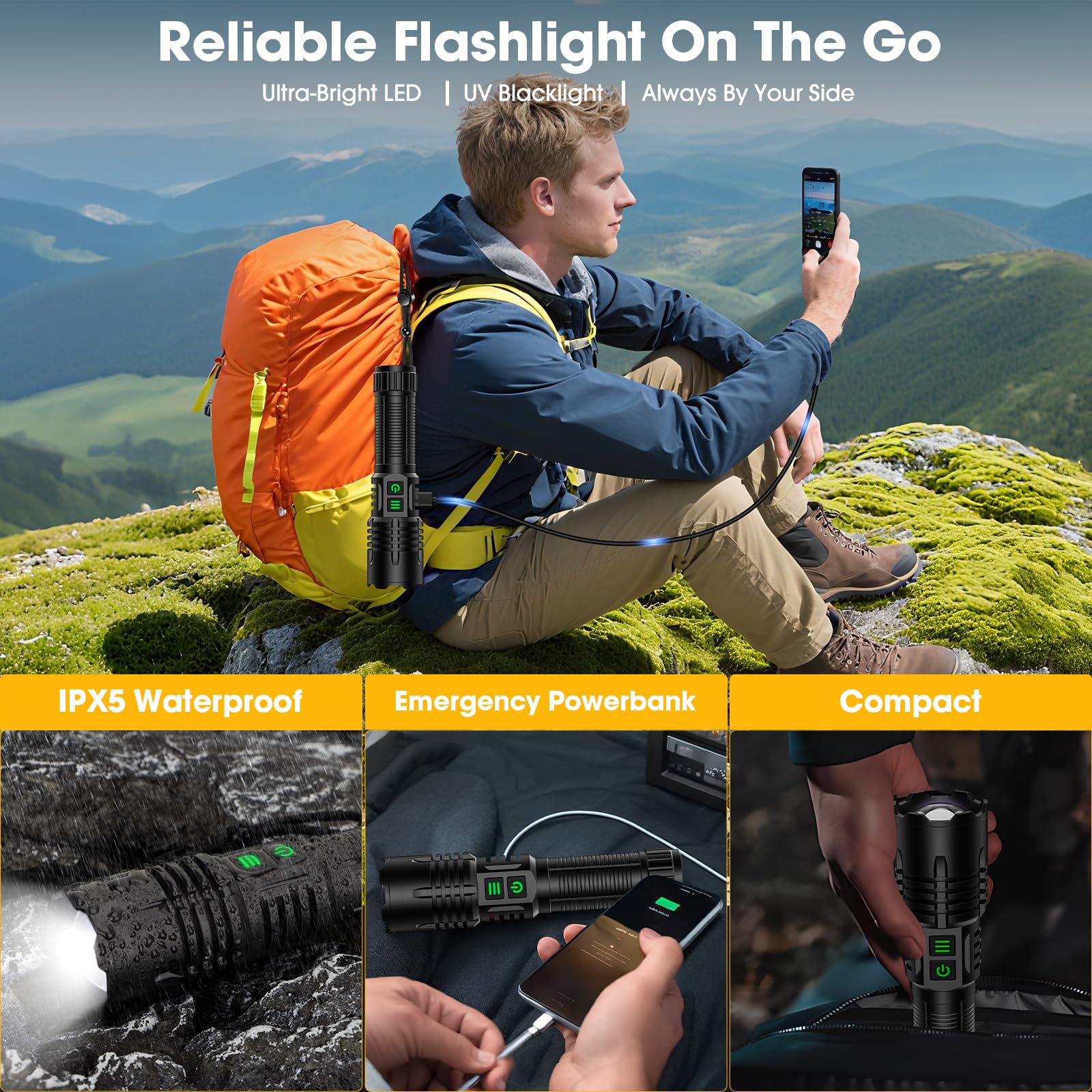 Linterna recargable con luz negra UV y lúmenes altos, potentes linternas de luz negra para detección de orina de mascotas, curado de resina, escorpión, linterna LED táctica impermeable con zoom