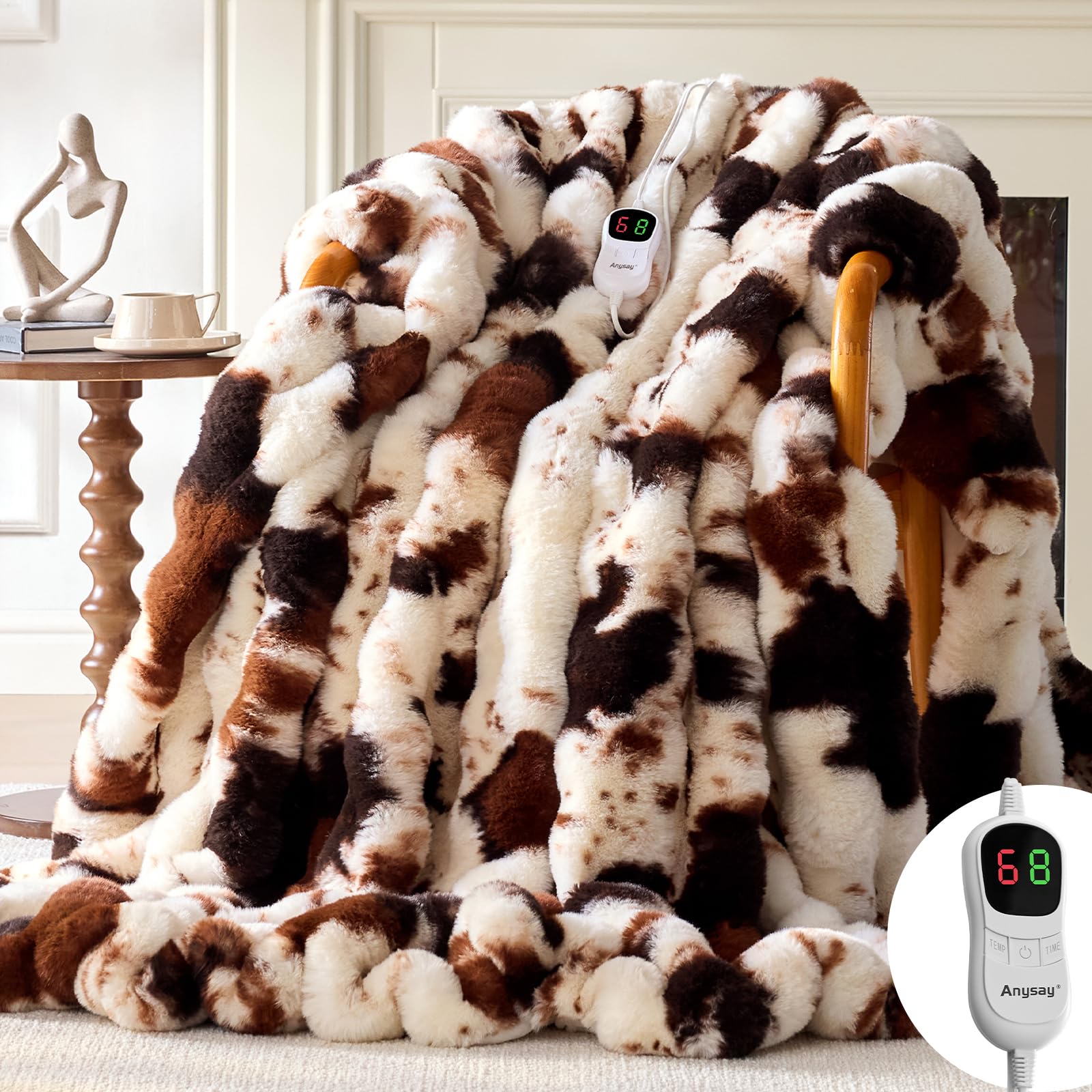 Photo 1 of Anysay Heated Blanket Throw with 1/2/4/6/8 Hours Auto-Off 10 Heat Level, 90'' * 100'' Cozy Faux Rabbit Fur Bubble Electric Blanket with Overheat Protection(Brown Cow)