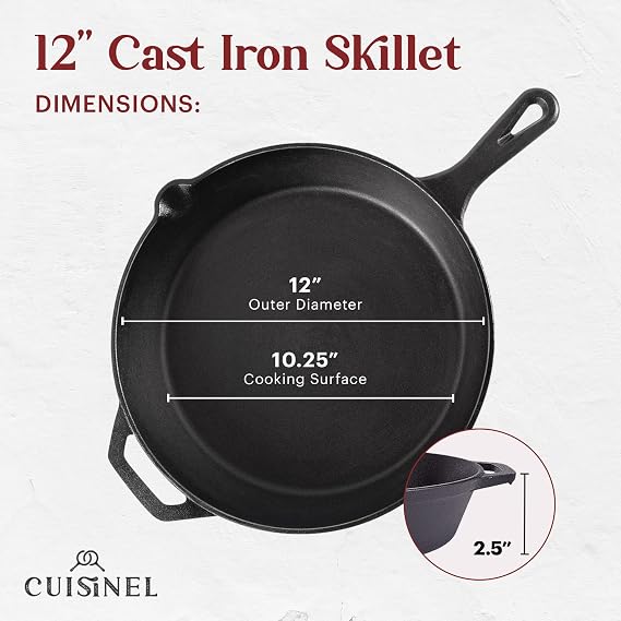 Cast Iron Skillet + Grill Press + Scraper Set - 12-inch Pre-Seasoned Frying Pan + Silicone Handle Grip - 7 Round Burger Smasher - Indoor/Outdoor, Stove, Oven, Grill, Induction Kitchen Cookware