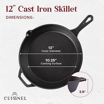 Cast Iron Skillet + Grill Press + Scraper Set - 12-inch Pre-Seasoned Frying Pan + Silicone Handle Grip - 7 Round Burger Smasher - Indoor/Outdoor, Stove, Oven, Grill, Induction Kitchen Cookware