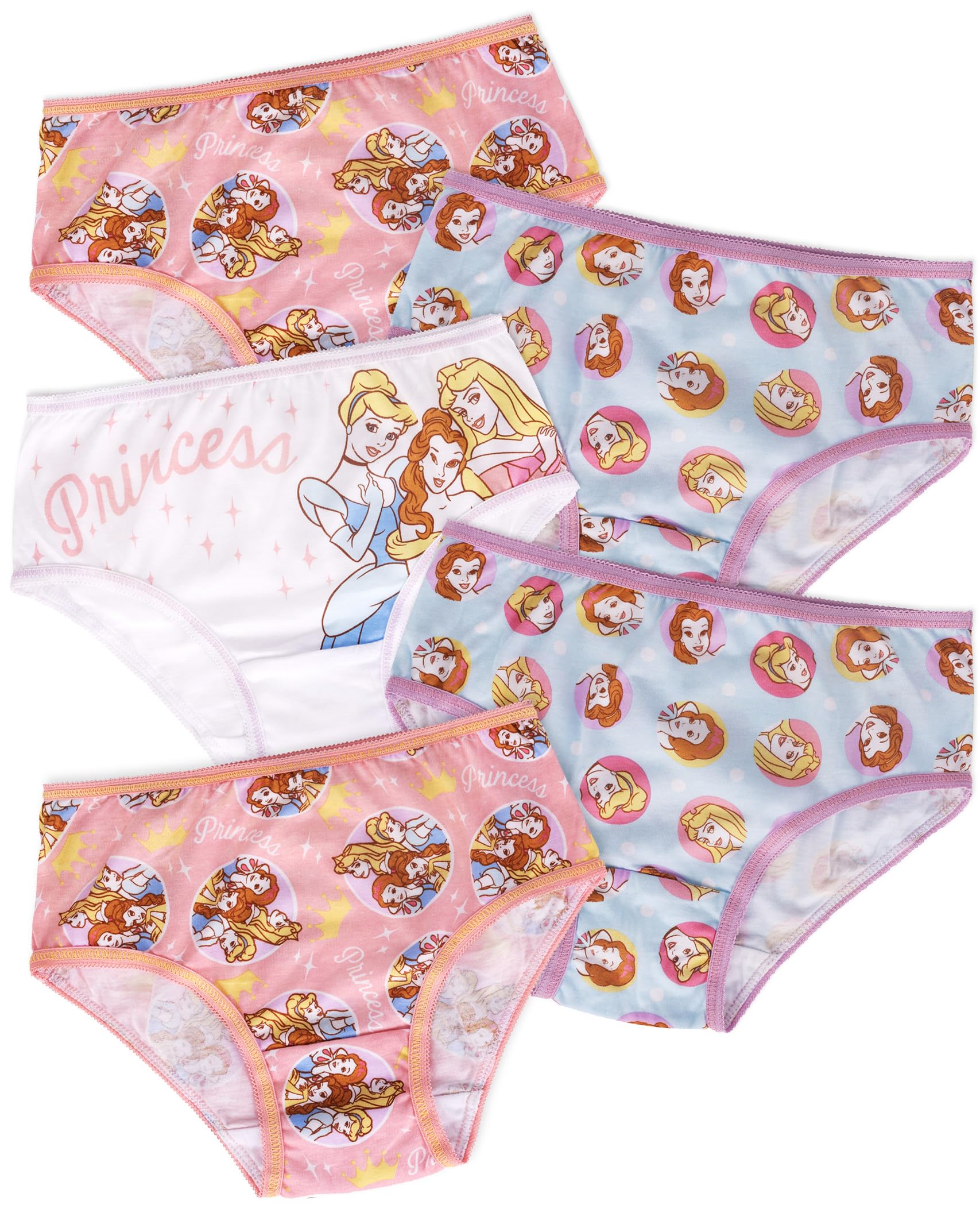 5 Pack Princess Girls 100% Cotton Briefs - Belle, Cinderella & Aurora 2-7y