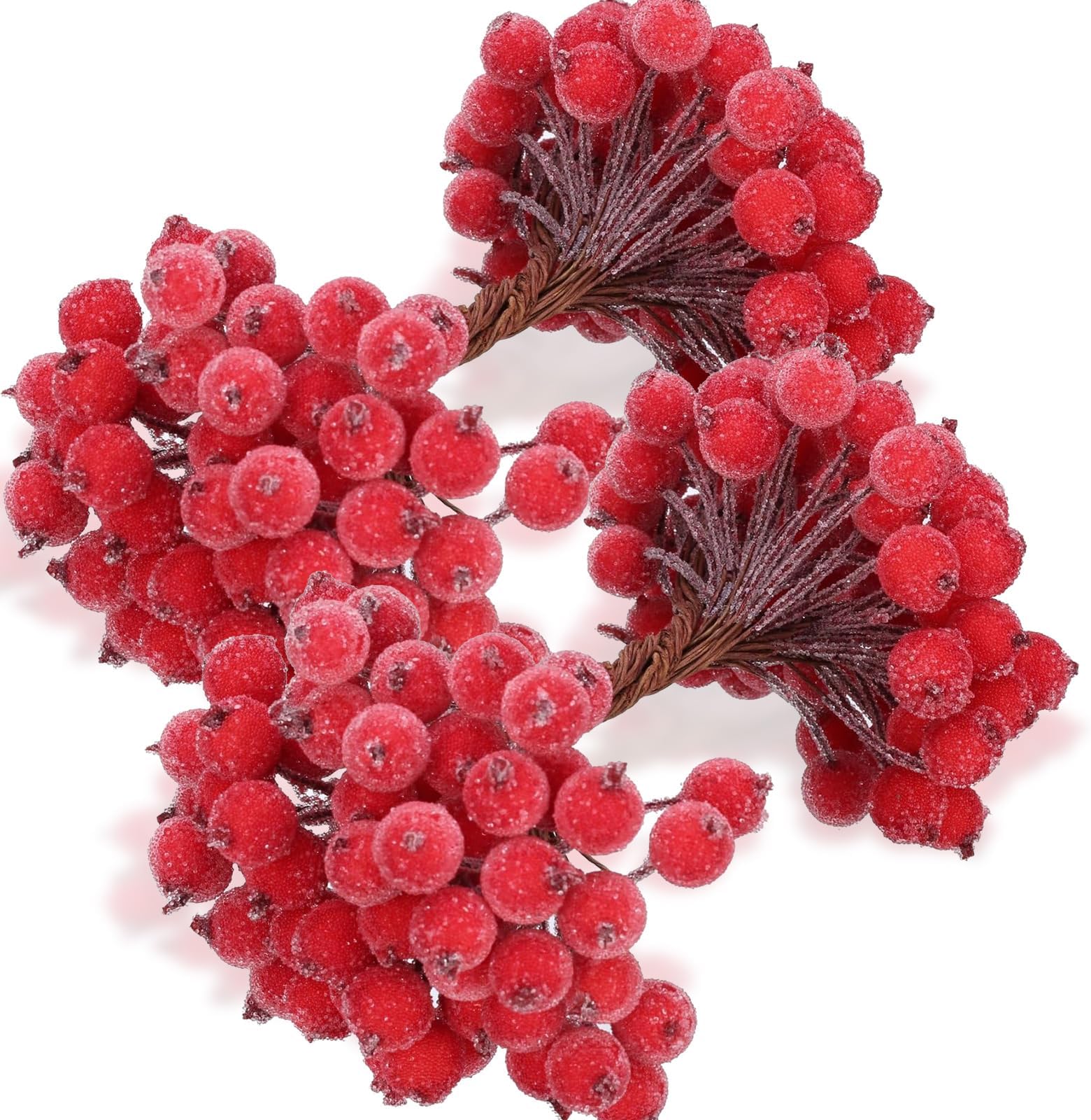 BBTO 200 Pieces Artificial Frosted Christmas Berries 12mm Mini Faux Flower Fruit on 100 Wire Stems for Christmas Tree Decorations, Flower Wreath Craft
