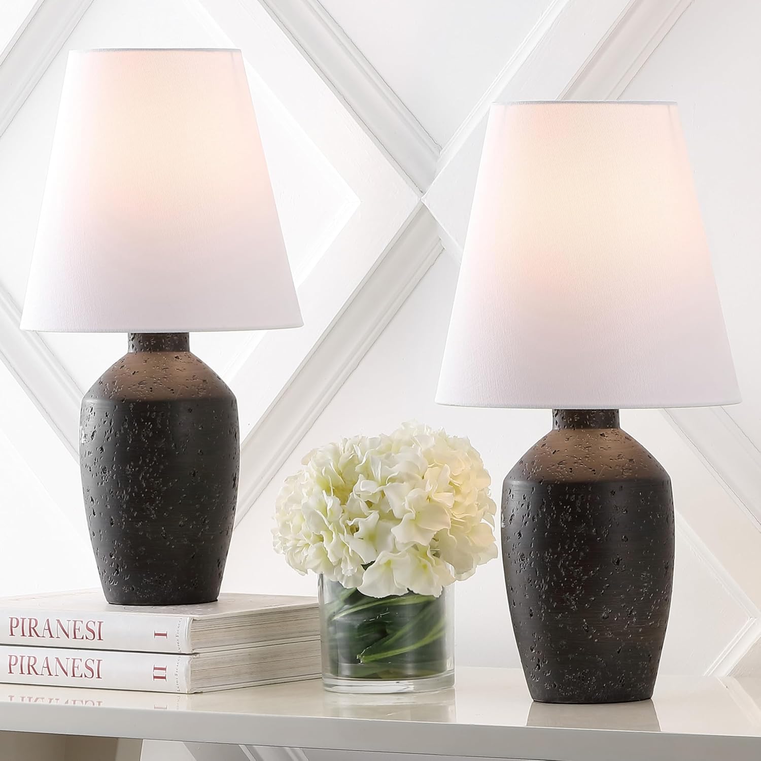 JONATHAN Y 19.5" Matte Black Modern Table Lamp Set of 2, Minimalist Ginger Jar Lamps for Bedroom Living Room Office, White Linen Shade, LED Bulbs Included JYL5605A-SET2