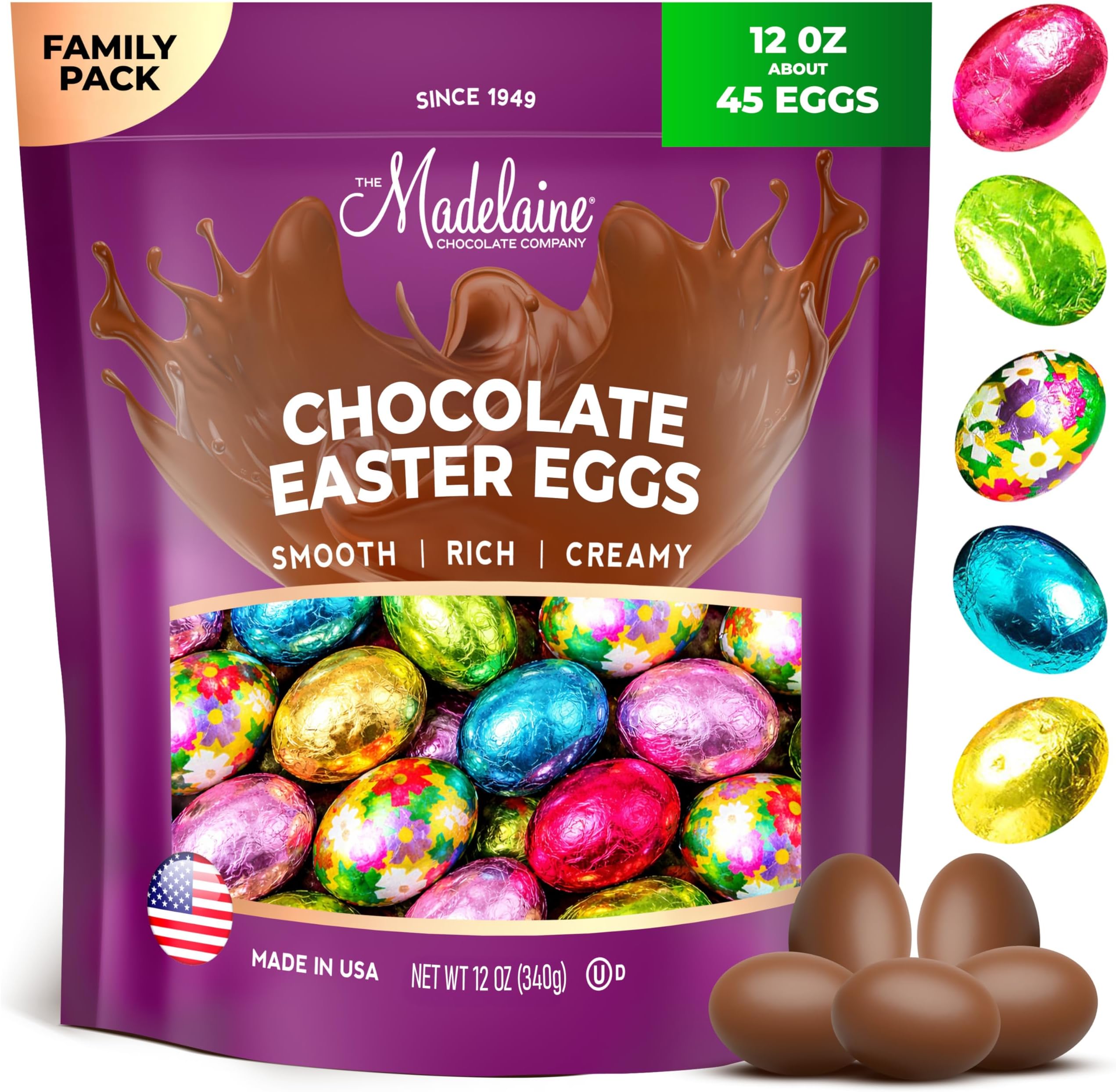 Madelaine Chocolates Easter Eggs (12 Oz) Easter Candy Solid Premium Milk Chocolate Eggs Foiled In A Variety Of Solid and Floral Colors - Traditional Basket Mainstays