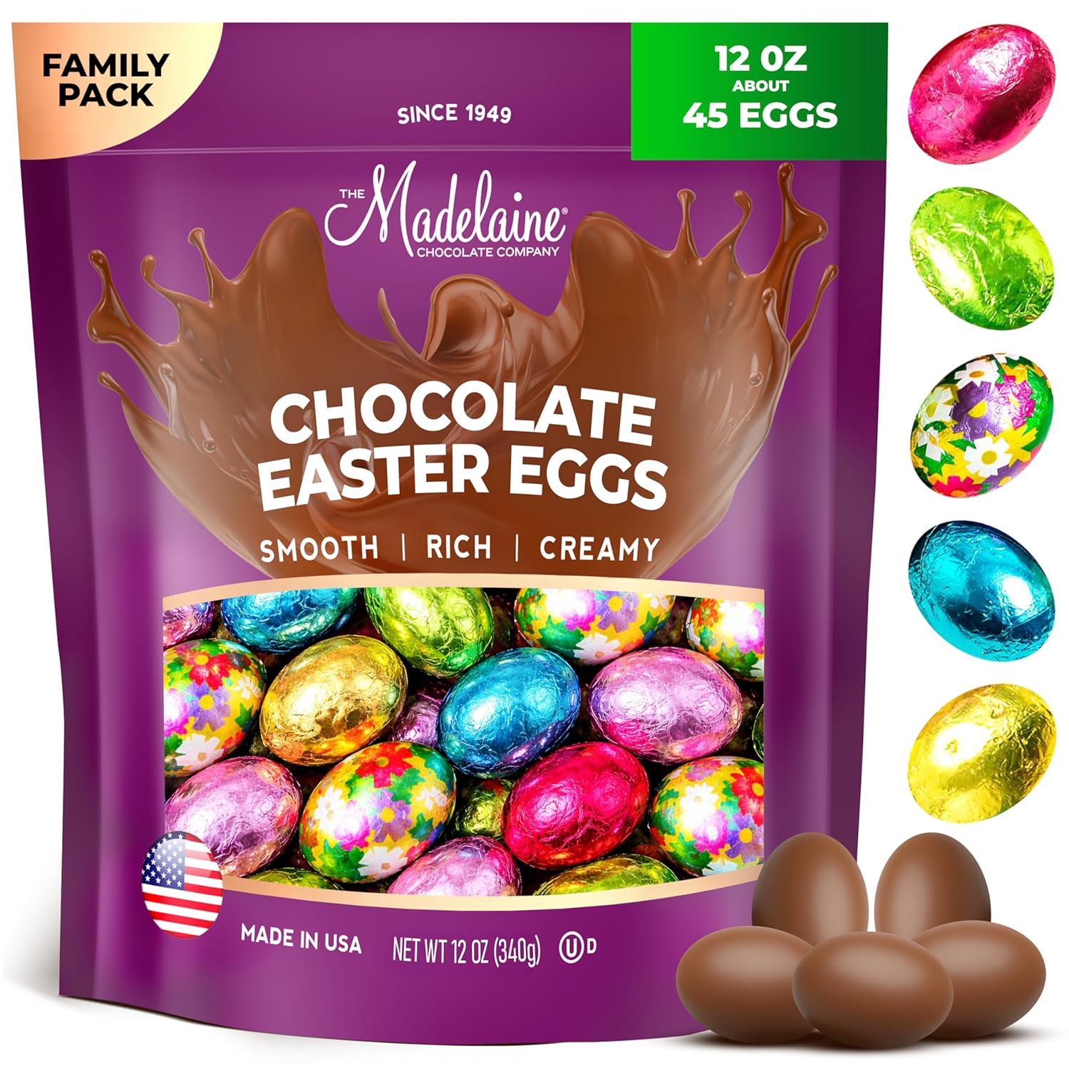 Madelaine Chocolates Easter Eggs (12 Oz) Easter Candy Solid Premium Milk Chocolate Eggs Foiled In A Variety Of Solid and Floral Colors - Traditional Basket Mainstays