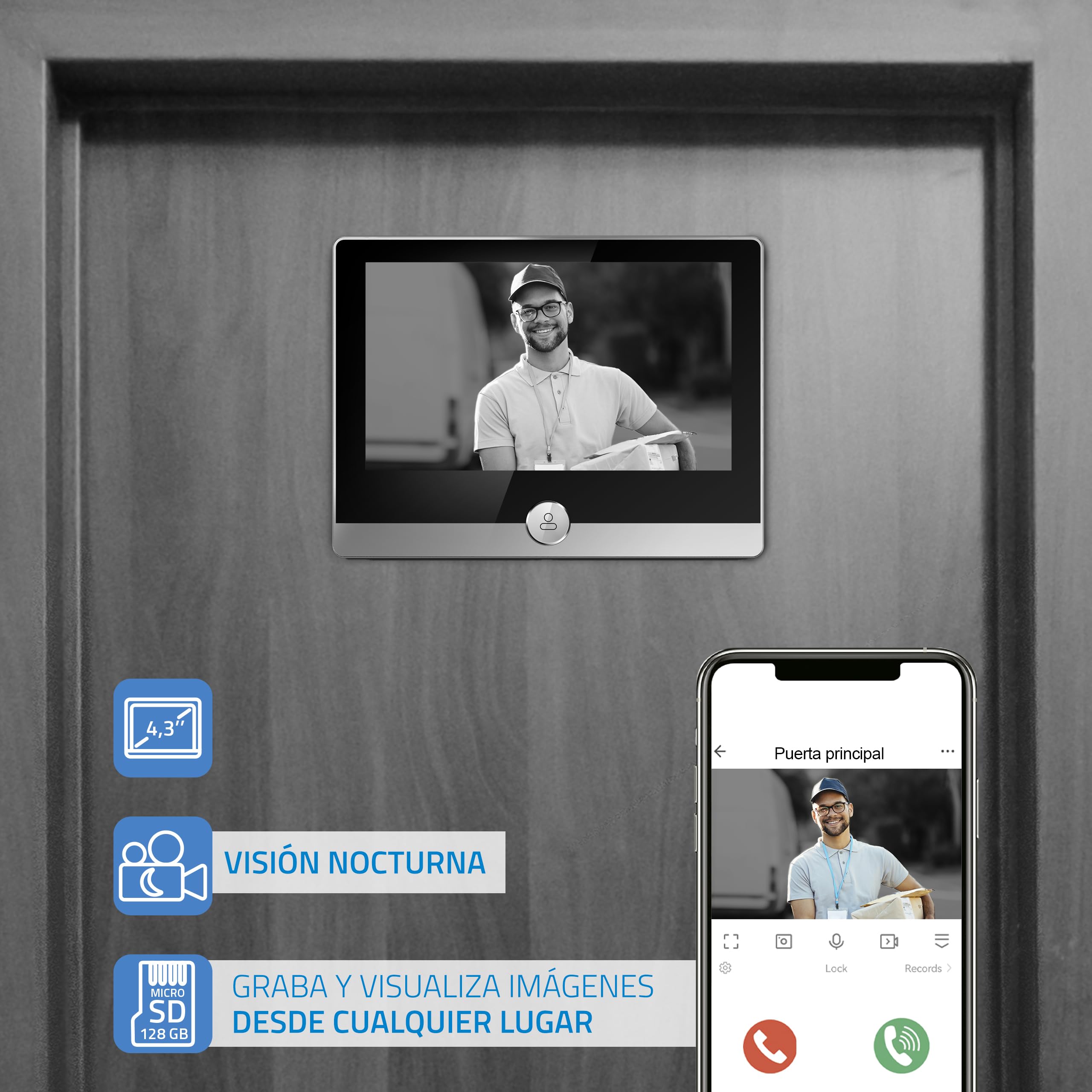 NIVIAN Mirilla Digital WiFi - Cámara vídeo Full HD con Batería y Timbre, Audio Bidireccional, Detección PIR y Visión Nocturna | App y Control por Smartphone