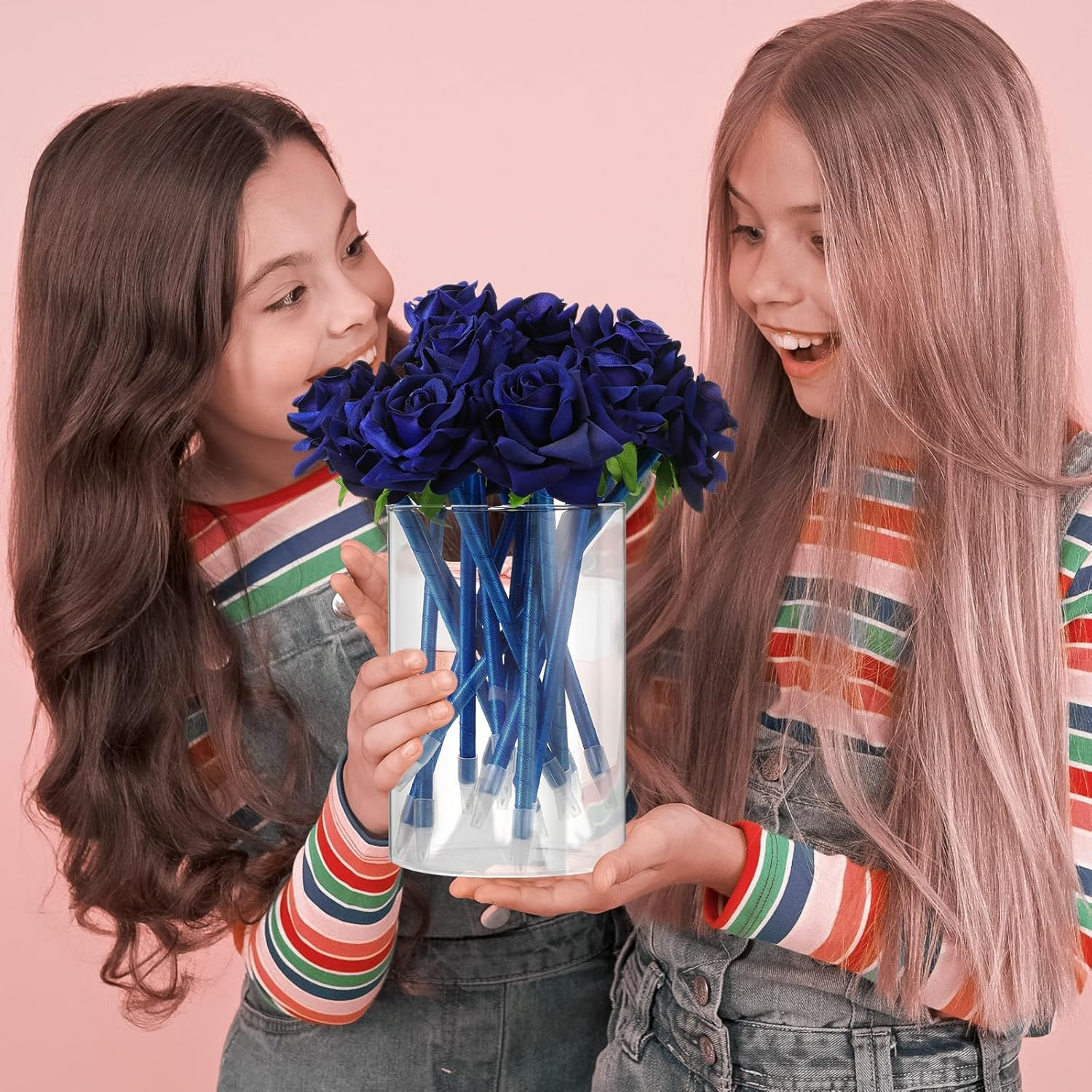 Engrowtic 28 Pcs Gifts for Mother's Day Flower Rose Pens for Mother Grandma Artificial Floral 0.5mm Black Ink Gel Pen for Mothers Day Gifts Wedding Home Office Supplies(Blue)