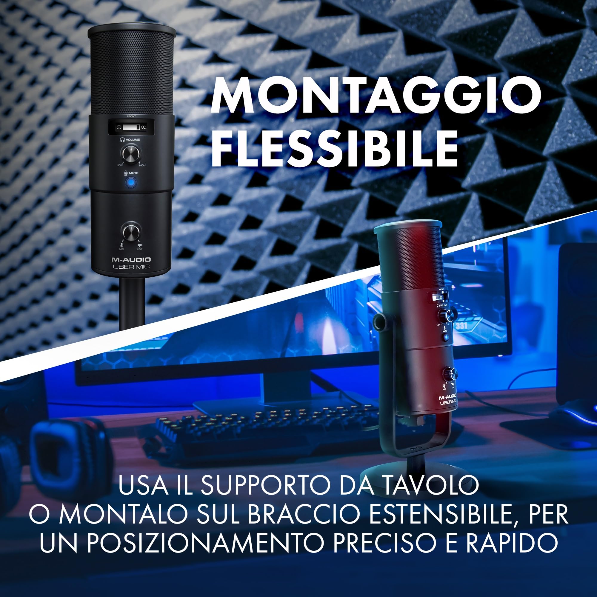 M-Audio Uber Mic - Microfono USB a condensatore per PC, streaming, podcast e registrazione, con 4 pattern polari, pulsante Mute e uscita cuffie