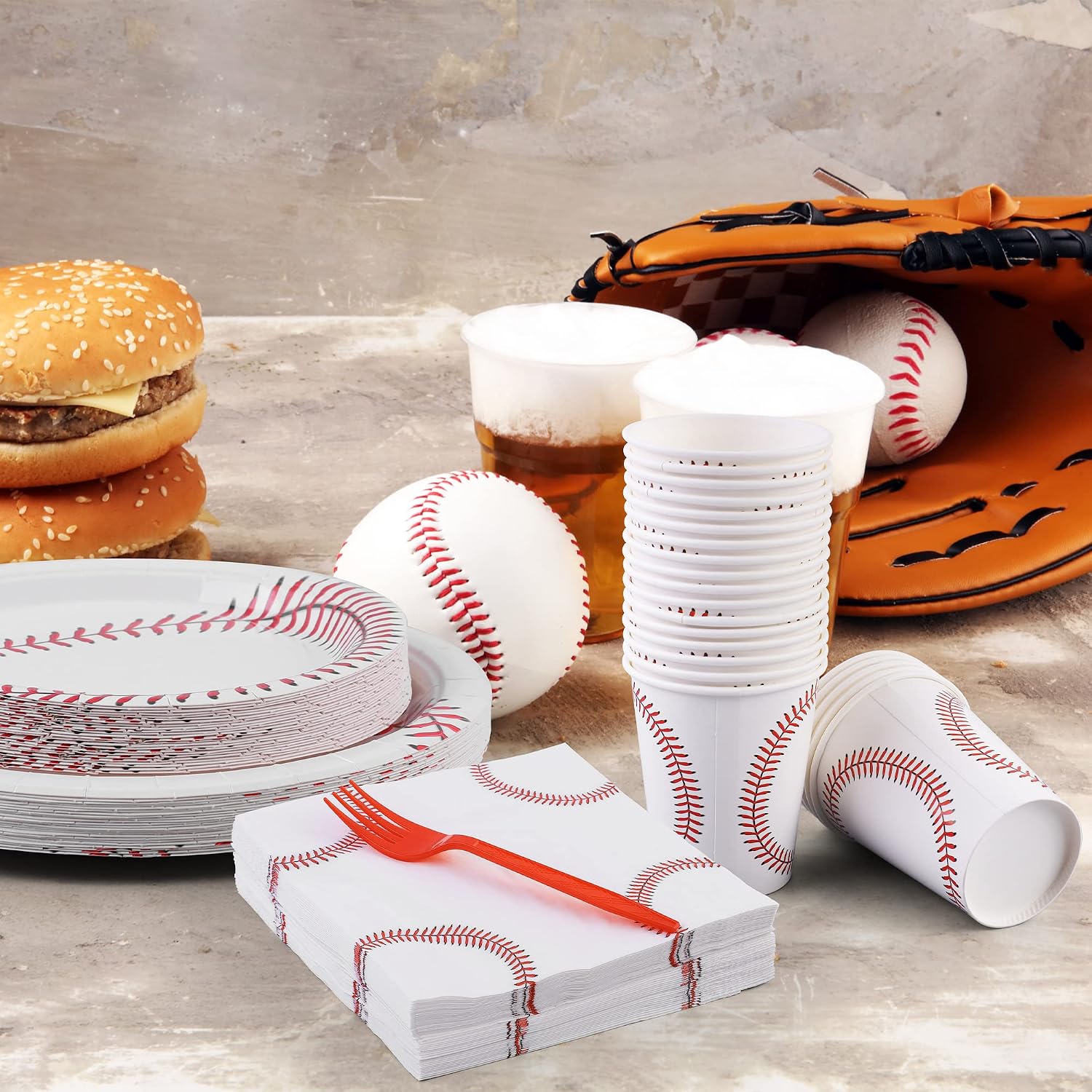 durony 144 Pieces Baseball Paper Plates and Napkins Dinnerware Set Baseball Birthday Party Tableware Supplies Includes Paper Plates Napkins Forks Serve 24 for Sports Baseballs Party Supplies