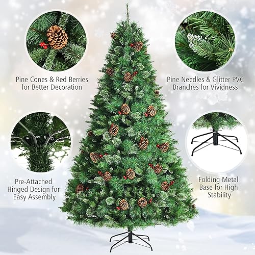 Miniatura 3 de GOFLAME Árbol de Navidad artificial de 8 pies, árbol de Navidad realista con piñas, bayas rojas y puntas brillantes, material de PVC 100% nuevo,