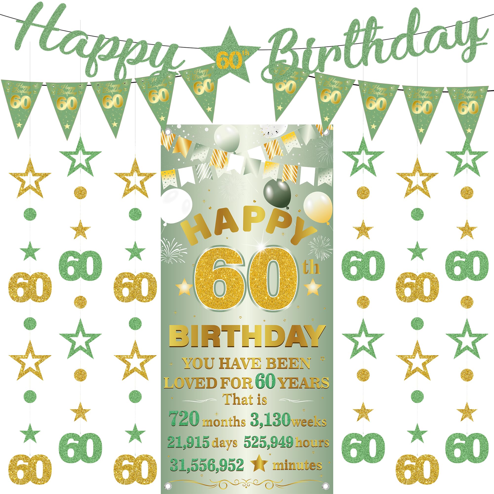 60th Birthday Decorations Banner Women - 9 Pcs Green Gold Bannes Backdrop Number Star Dot Glitter Hanging Garlands Kit for Women Happy 60 Years Old Birthday Party Decor Supplies