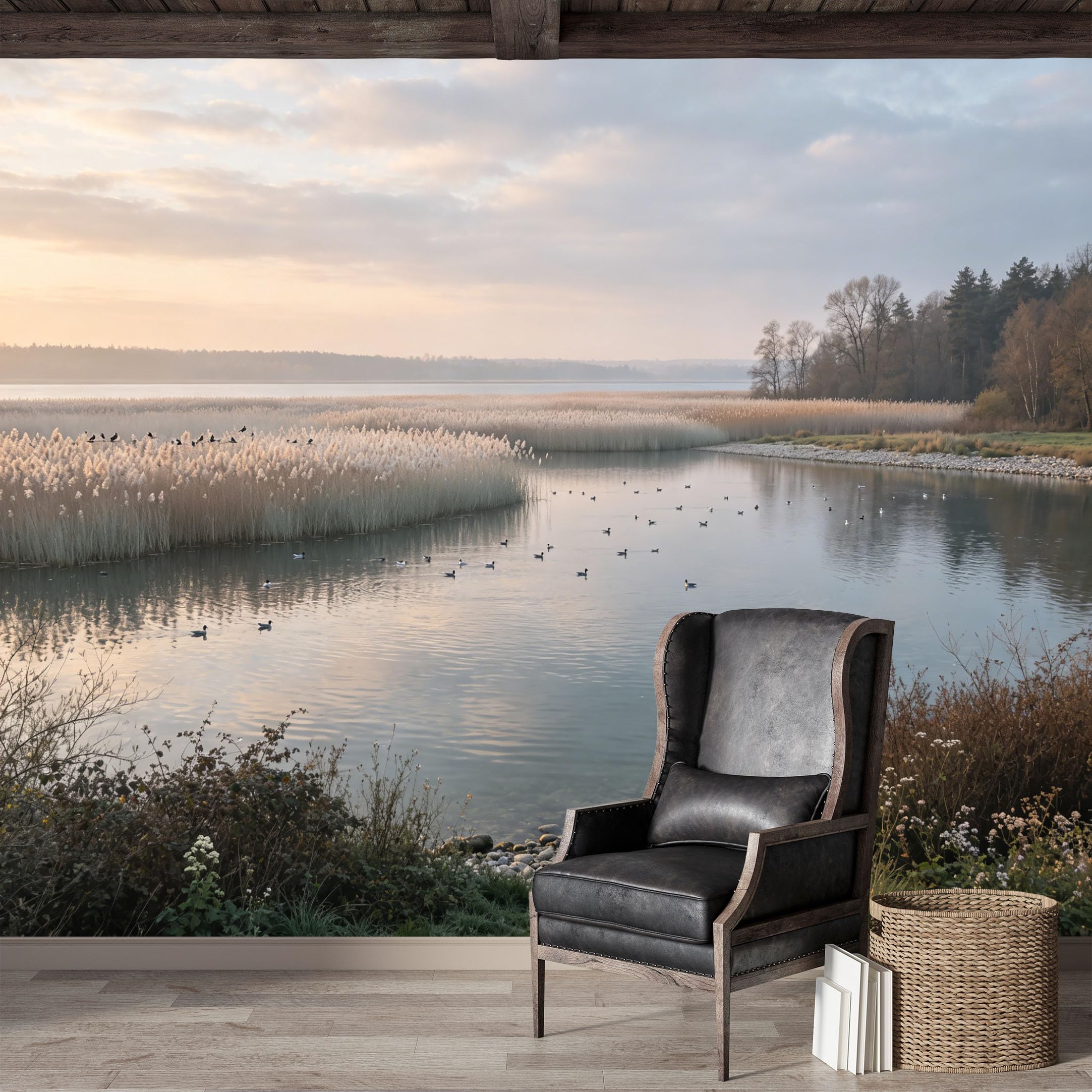Custom Size Wall Mural,Serene Lake Reeds Birds Landscape Watercolor Premium Water Activated SelfAdhesive Wallpaper,Removable Wall Covering,Easy DIY Install Wall Art for Indoor Home Decor