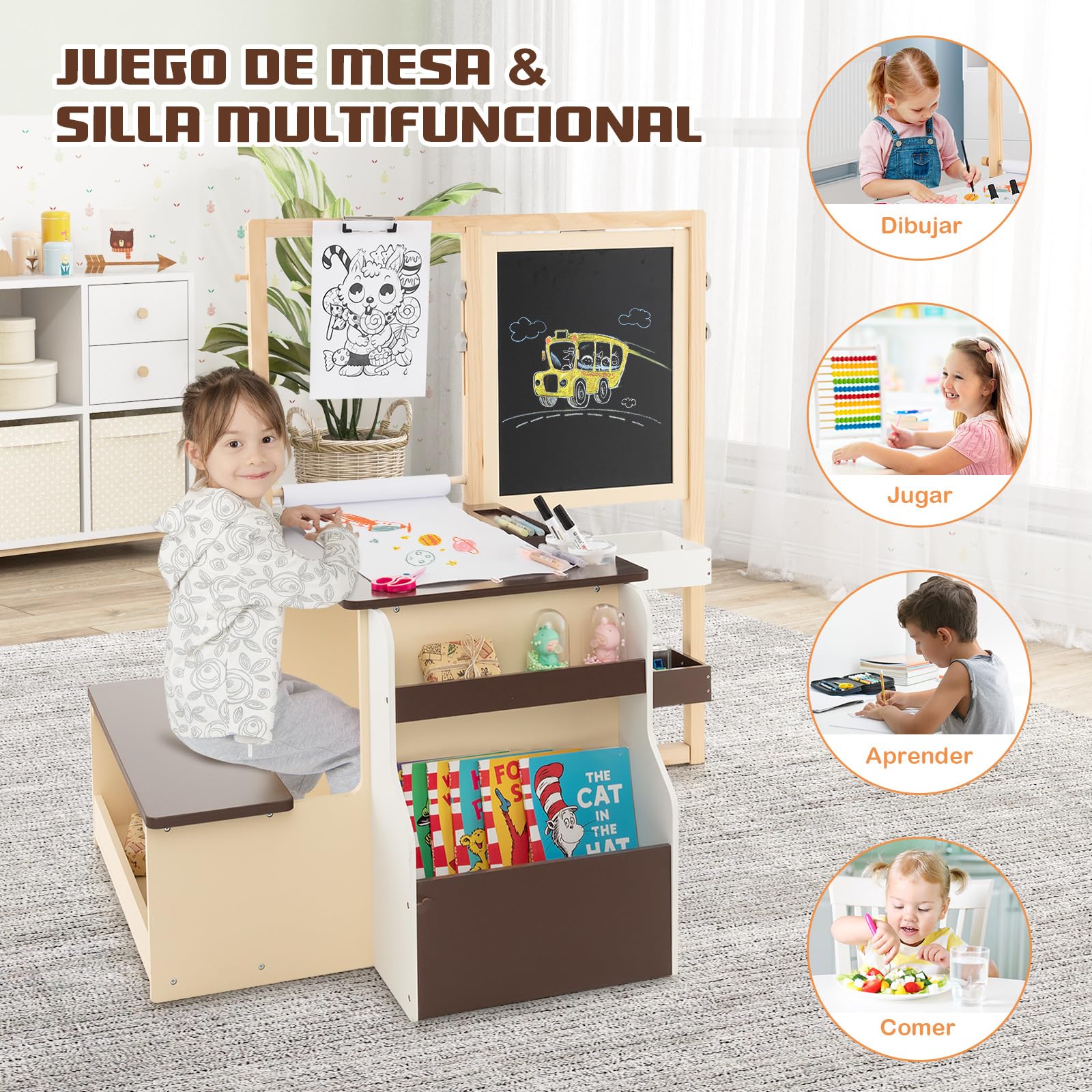 COSTWAY Caballete Infantil, Juego de Mesa y Banco de Arte, Centro de Arte de Madera Multifuncional Con Caballete Ajustable de Doble Cara, Pizarrón Magnética, Rollo de Papel Reemplazable (Café)