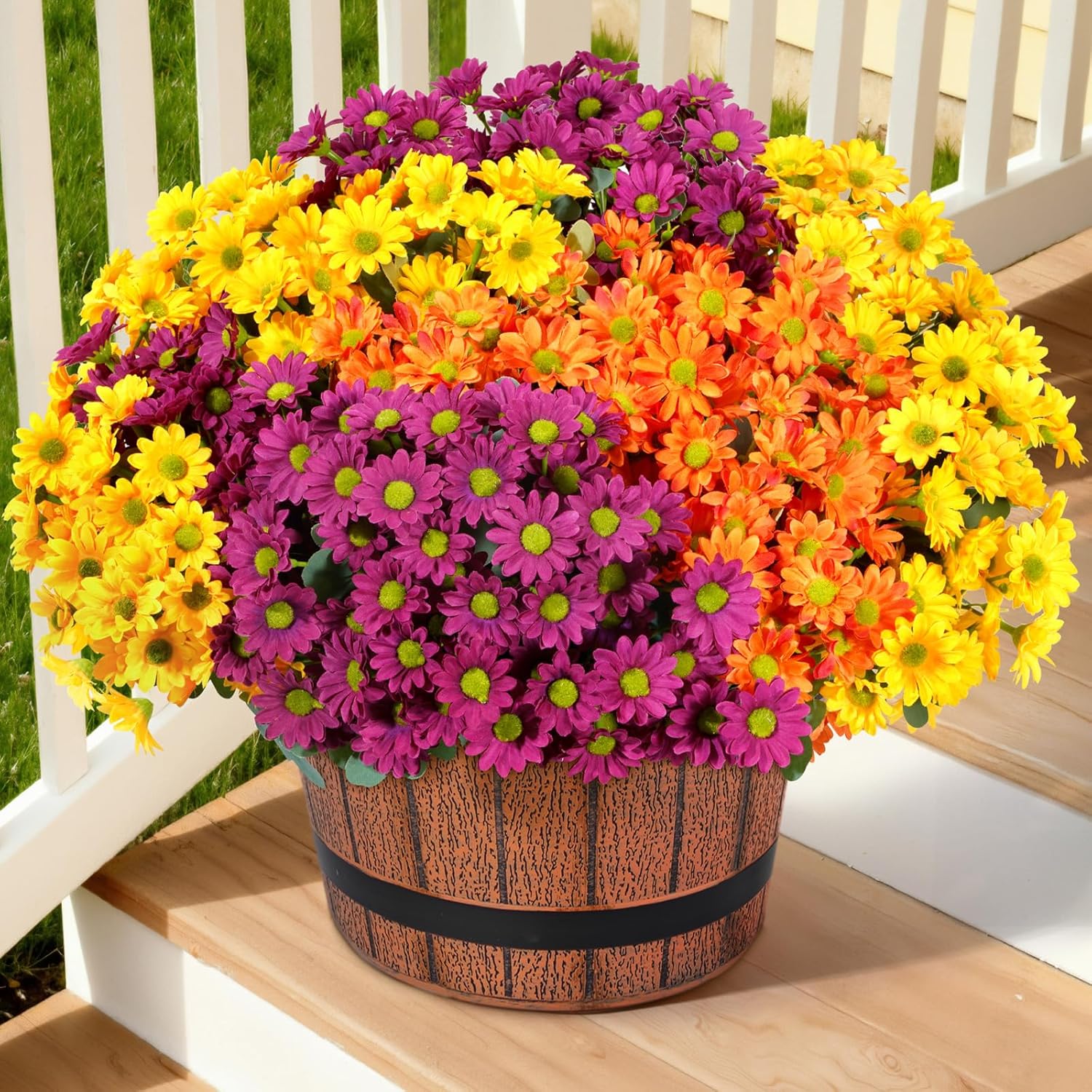 Lifewit Artificial Flowers Daisy for Outdoor Indoor, 12 Bundles Plastic Fake Flowers Mums for Home Garden Decor, Porch, Window Box, Faux Realistic Plants with UV Resistant(Mix for Yellow Orange Red)