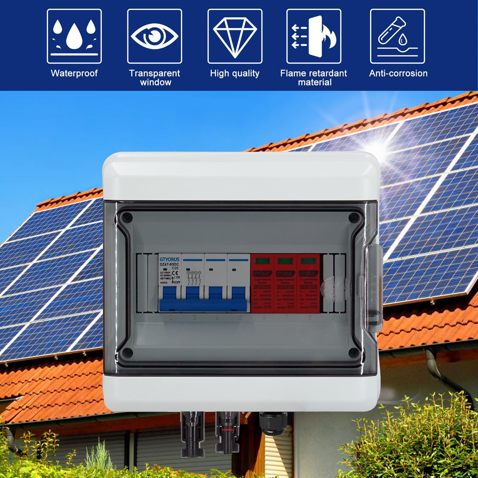Boitier de Jonction Photovoltaïque Solaire, IP65 Protection Contre Les Surtensions DC Photovoltaïques, 1 String 1000V PV DC Disjoncteur avec Fiche Solaire(1 in 1 out, 25A)