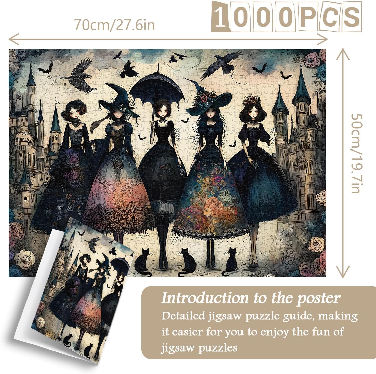Raven Night Jigsaw Puzzle 1000 Pieces, Hard Puzzles for Adults Gothic Woman, Vintage Art Hard Impossible Puzzle as Scary Halloween Decor