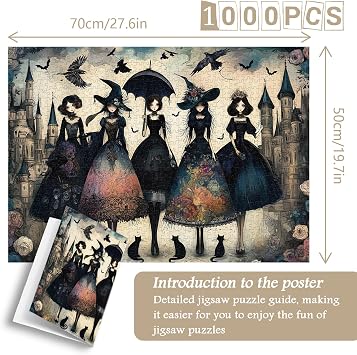 Raven Night Jigsaw Puzzle 1000 Pieces, Hard Puzzles for Adults Gothic Woman, Vintage Art Hard Impossible Puzzle as Scary Halloween Decor