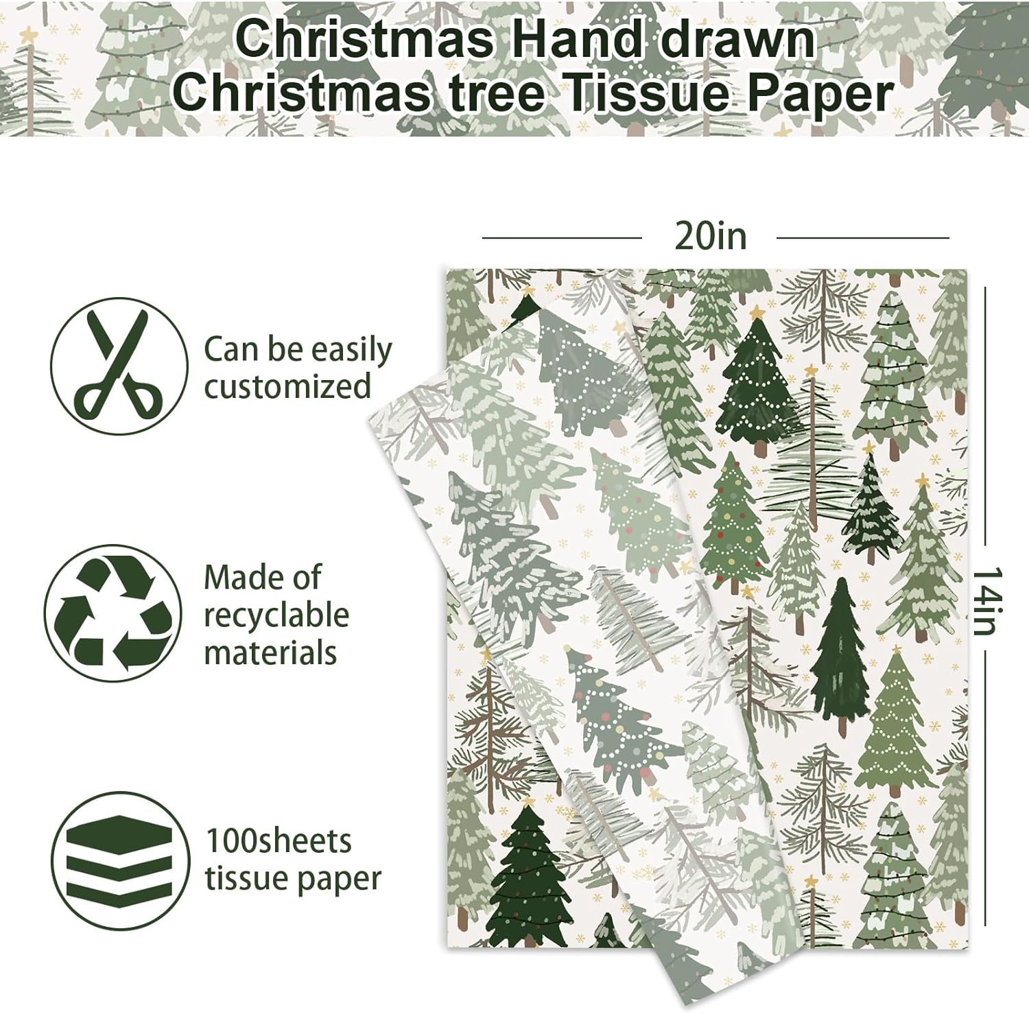 JarThenaAMCS 100 Sheet Christmas Tissue Paper Watercolor Forest Art Tissue Green Xmas Tree Wrapping Paper for Winter Birthday Wedding DIY Craft Gift Packing, 14 x 20 Inch (Pack of 2)