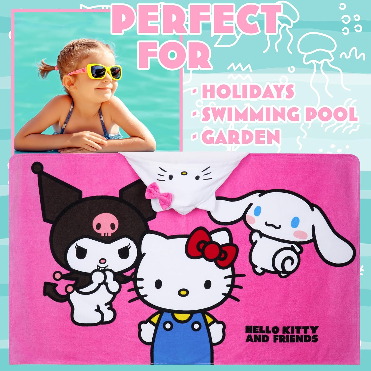 Hello Kitty Beach Towel with Hood for Girls Cinnamoroll Kuromi Kids Poncho Bath Towels Kawaii Beach Accessories Travel Essentials Girls Gifts (Pink Towel Hello Kitty, 6-14 Years)
