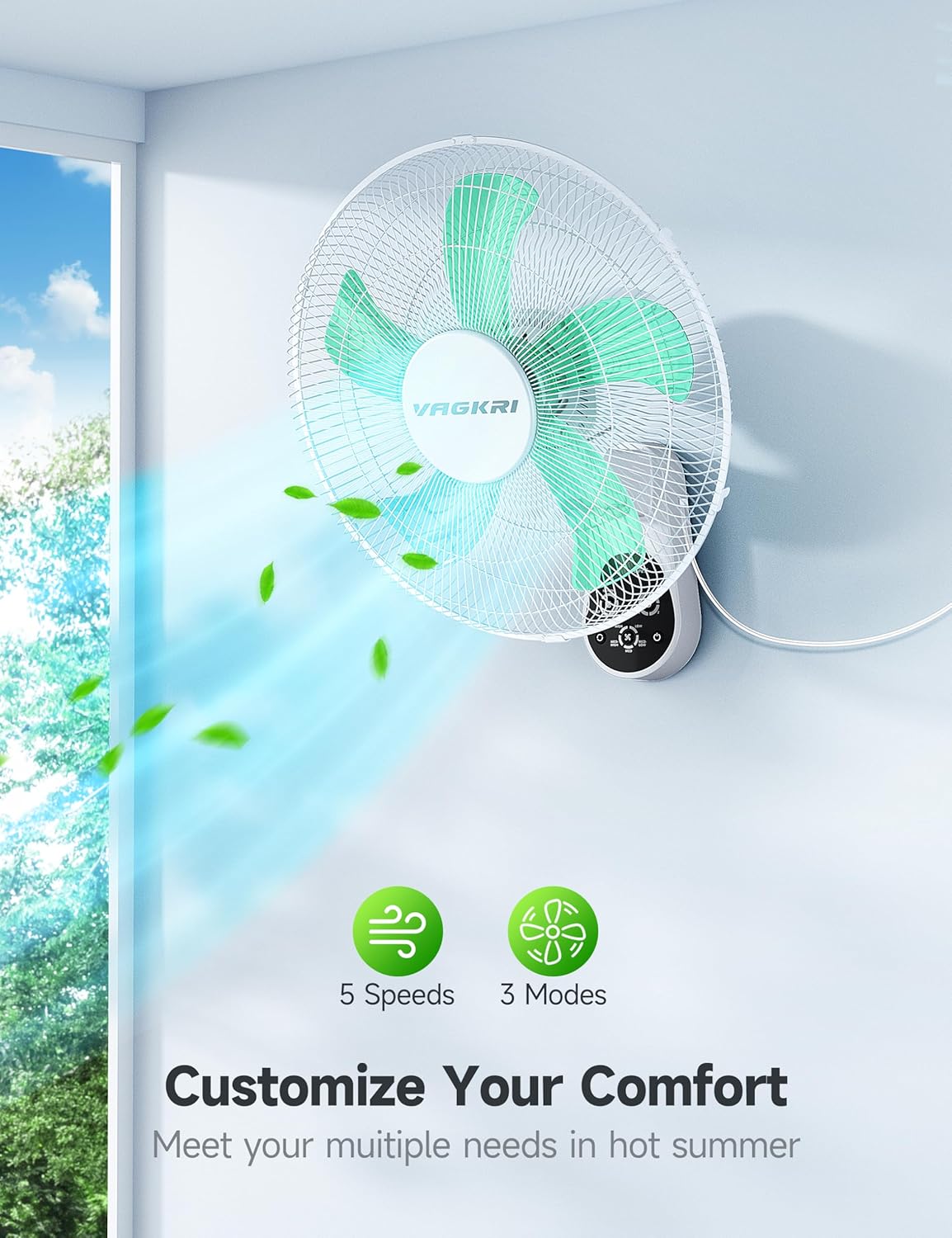 VAGKRI Wall Mount Fan, 16 Inch Quiet Oscillating Fan with Remote, 5 Blades, 5 Speeds, 3 Wind Modes, 8 Hour Timer for Home Office Bedroom Living Room Garage