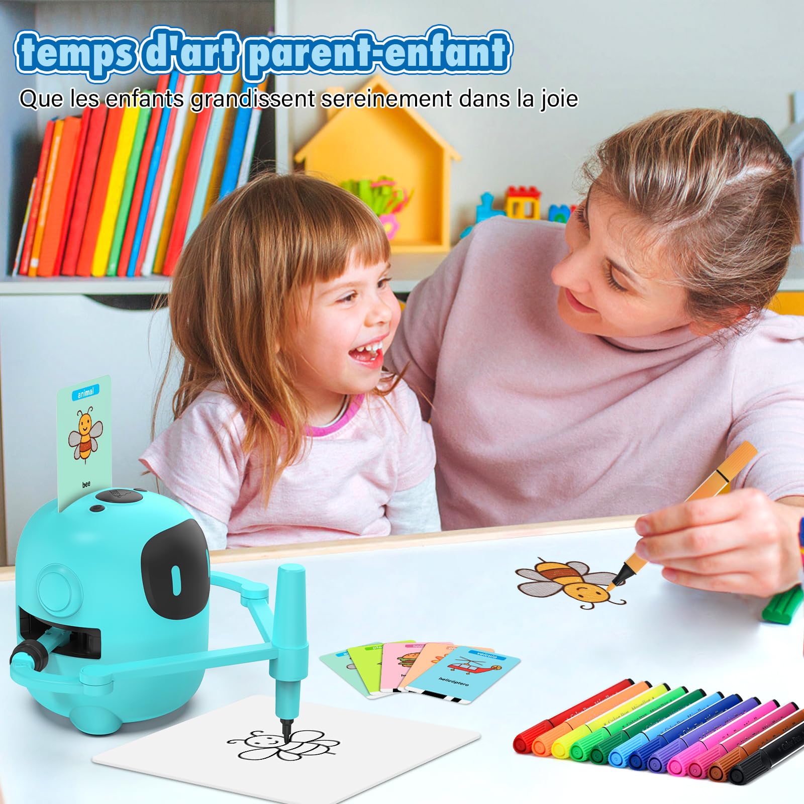 Robot Dessinateur Enfant, Robot de Dessin pour Enfants avec 100 Cartes & 12 Crayons, Interactif avec Fonction Vocale, Jouet éducatif Rechargeable pour Filles et Garçons de 3 à 10 Ans