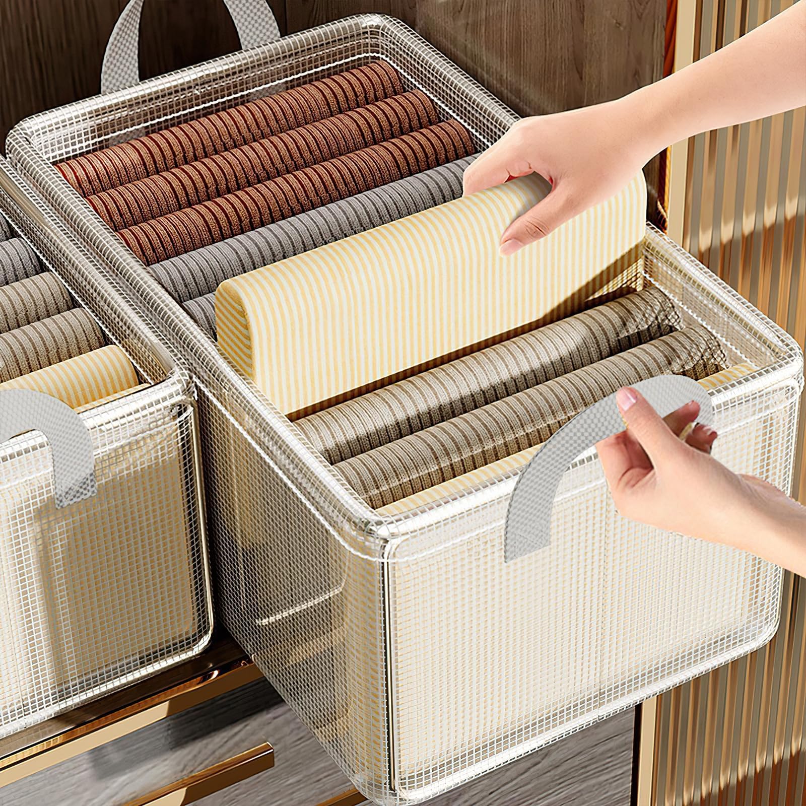 2Pack Clear Clothing Storage Box with Handle,Durable Foldable Clothes Drawer Organizers for Wardrobe Closet with PVC Mesh Thickening,Flame Storage Box for Clothing, Jeans, Bras,Sweaters