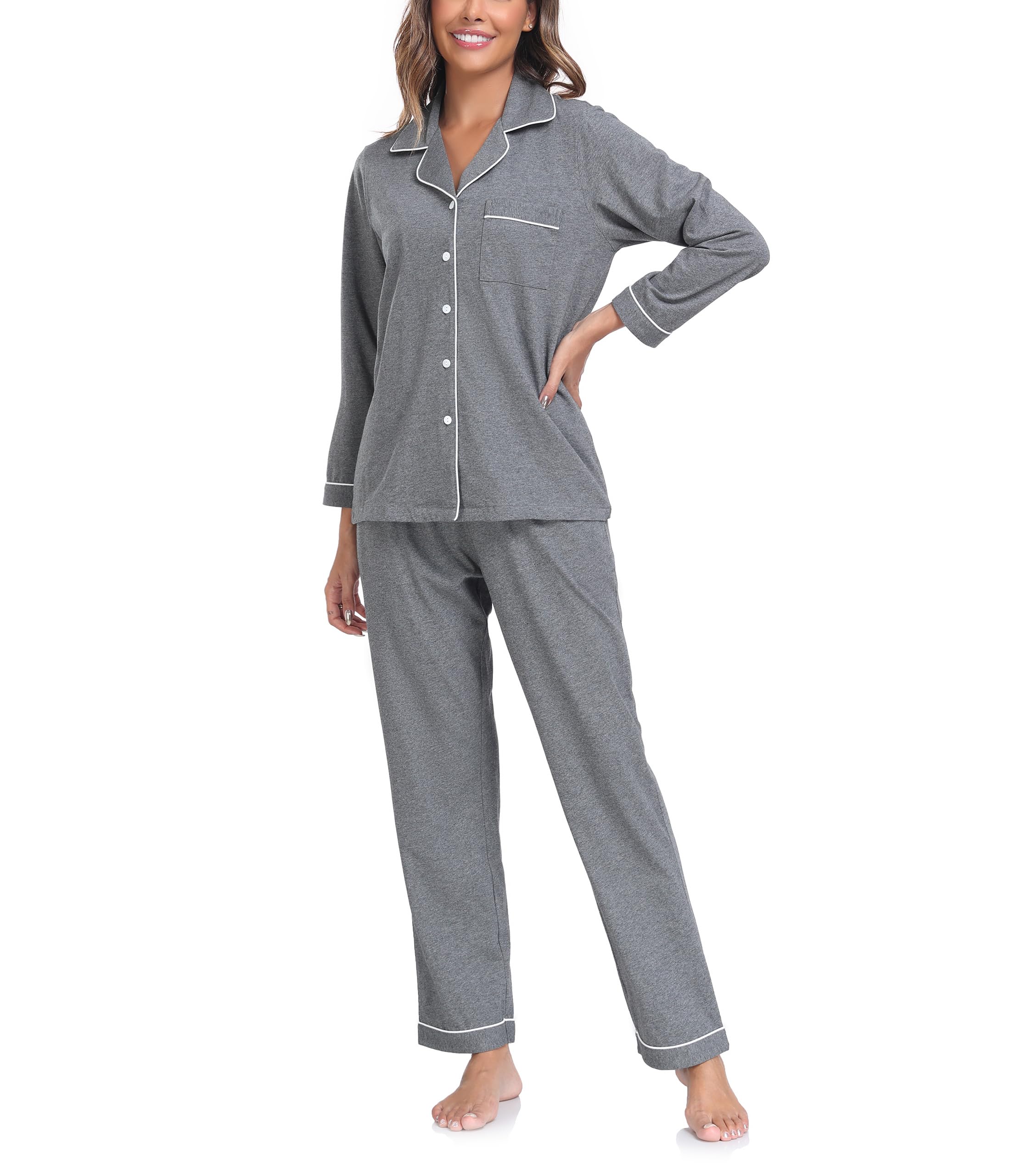 COLORFULLEAF Pigiama da donna, 100% cotone, con bottoni, a maniche lunghe, set da 2 pezzi, biancheria da notte