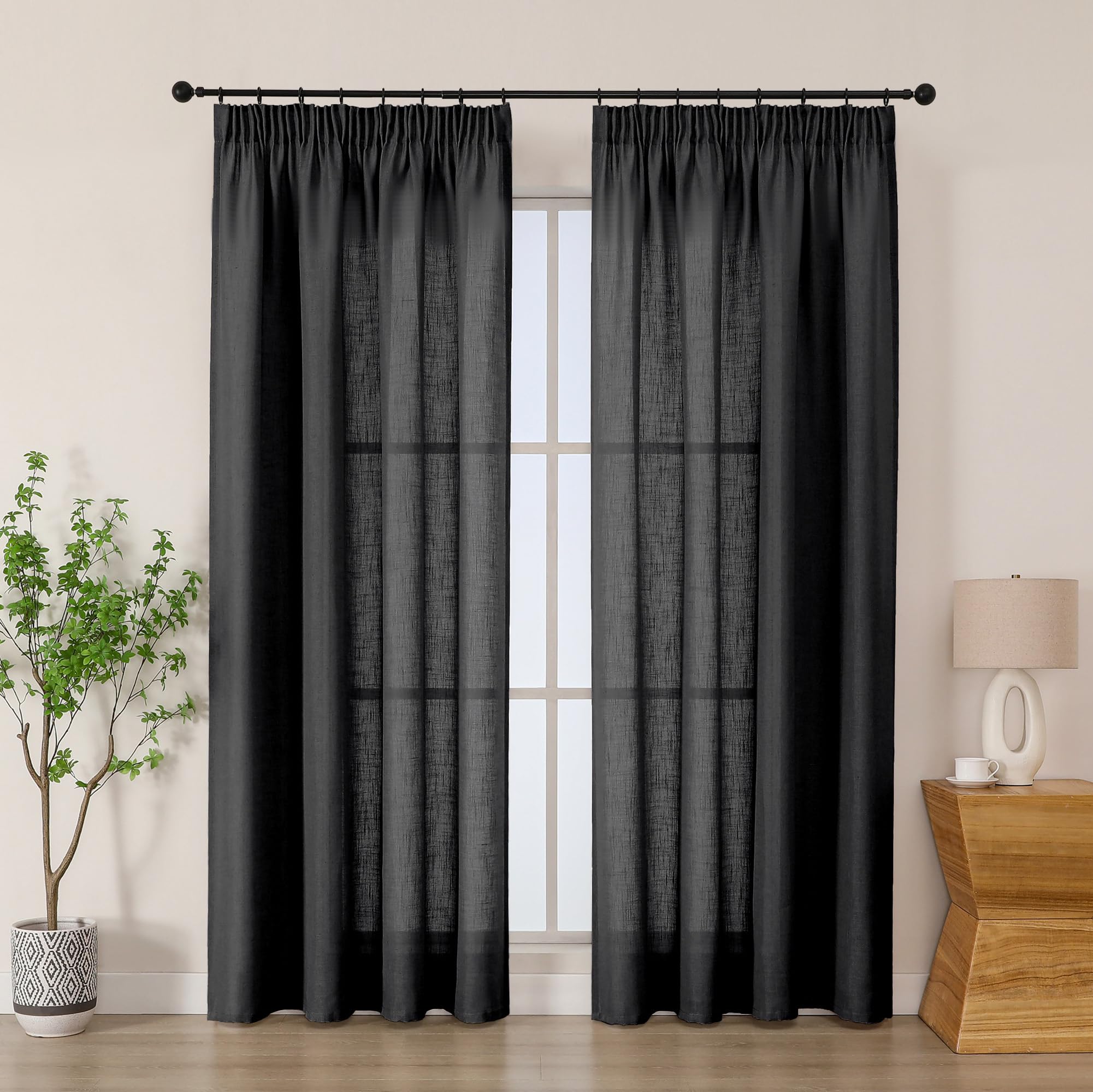 Simplebrand Black Linen Blend Pencil Pleat Curtains, Light Filtering Semi-Sheer Textured Window Drapes for Privacy, 2 Panels for Bedroom, Living Room & Patio Door, W140 x L200 cm