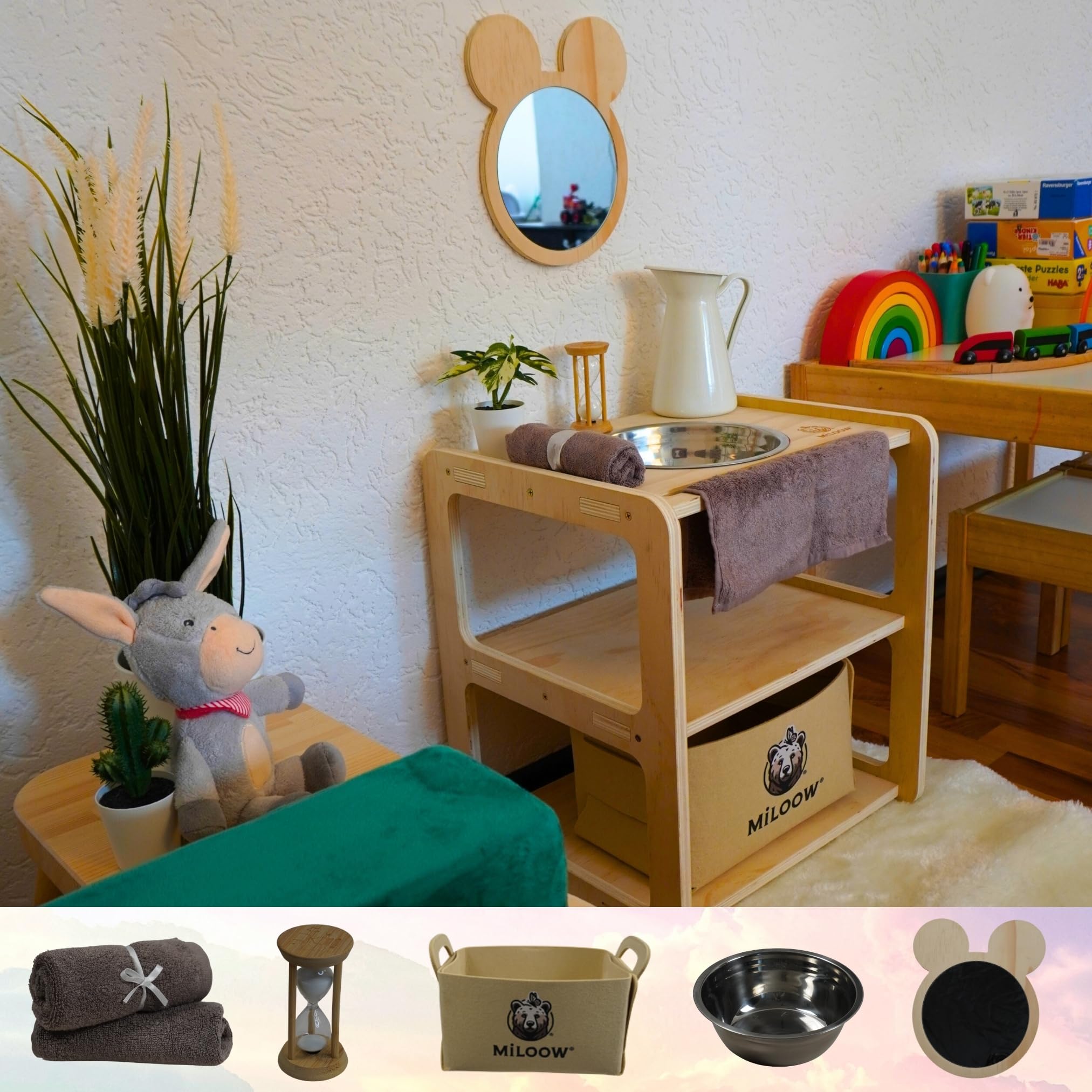 Lavabo Montessori per Bambini in Legno (40x35x45 cm) con Specchio Orsetto, Clessidra, Asciugamano e Cestino – Autonomia, Igiene e Apprendimento per Cucina e Bagno