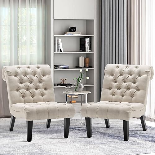Miniatura 32 de Yongqiang Juego de 2 sillas decorativas modernas sin brazos para sala de estar, dormitorio, sillas tapizadas con botones y patas de madera maciza,
