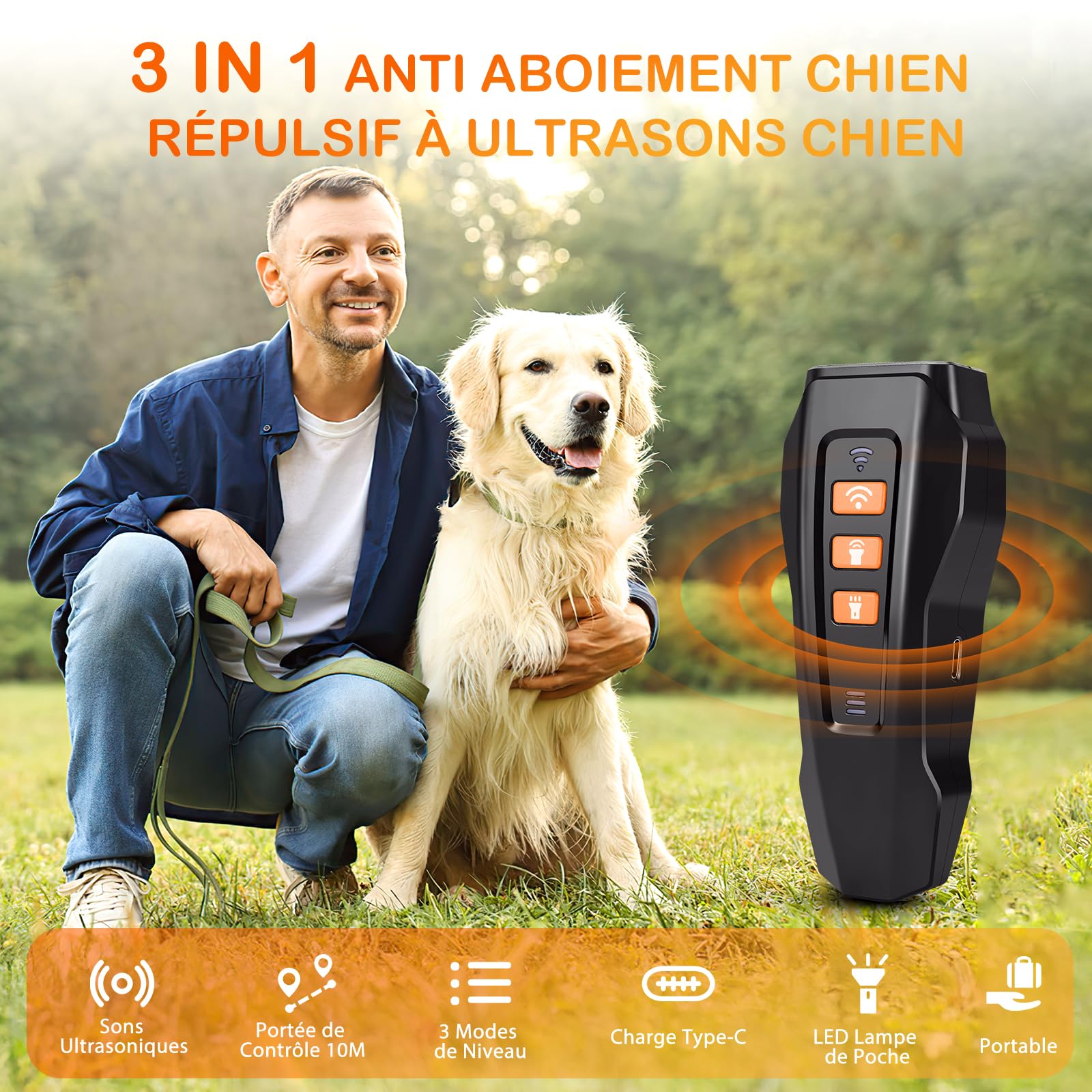 Anti Aboiement Chien Répulsif à Ultrasons Chien - Antibell Appareil Anti Aboiement Chien Ultrason Puissant Réglable 3 Fréquences Arrêt 10M Portée avec Lampe de Poche