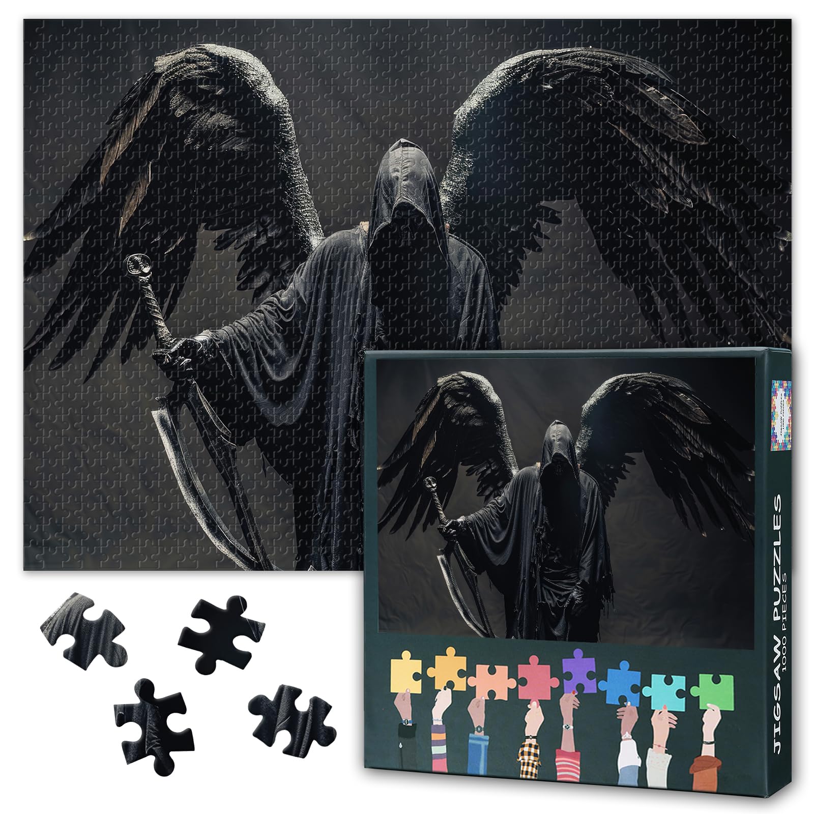 Gothic Grim Reaper Jigsaw Puzzles for Adults 1000 Piece Scythe Warrior Poster Vintage Medieval Dungeon Painting Crypt Studio Dark Academia Game Toy Craft Premium Paper 27.5x19.7 Inch
