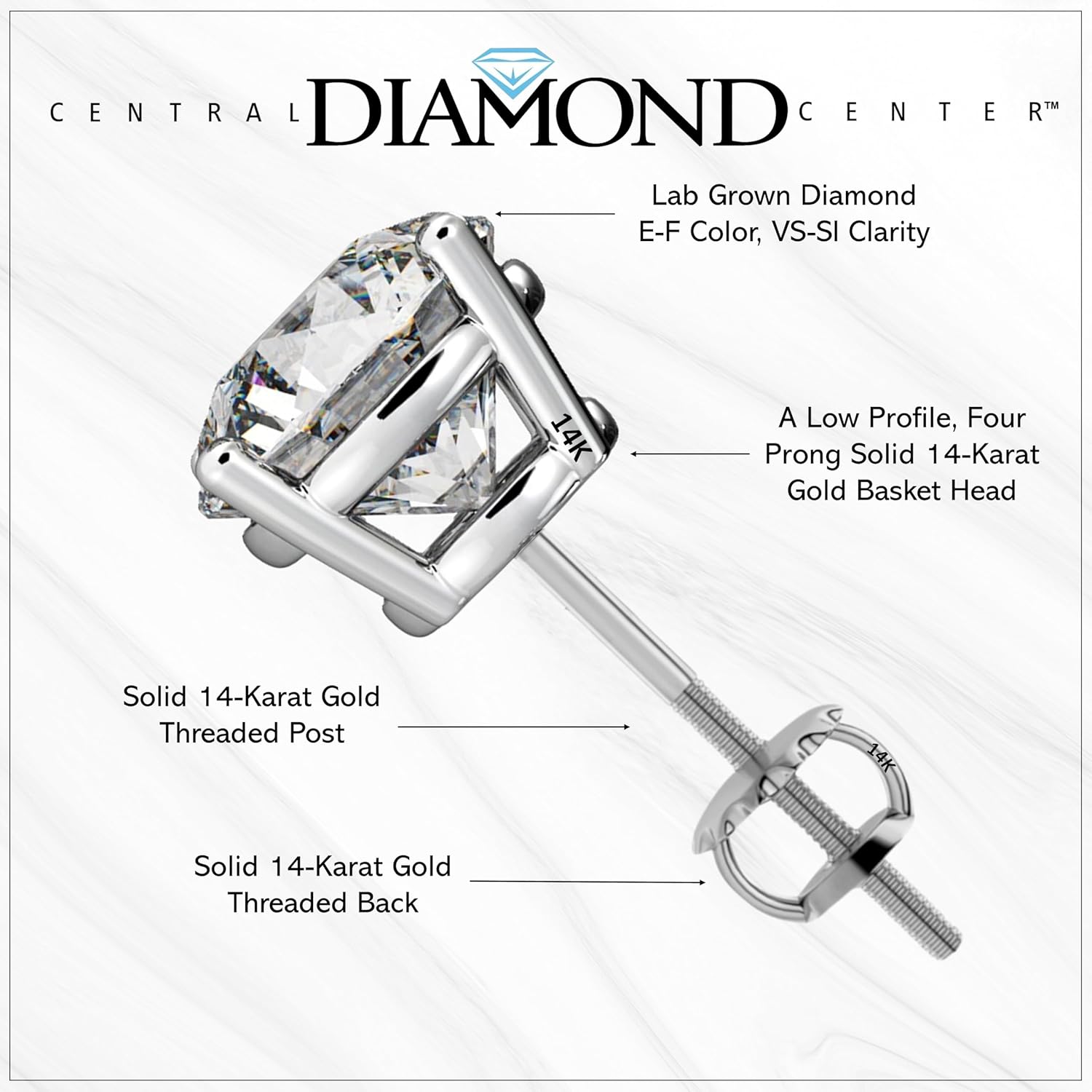 .20ct-4.00ct CVD Lab Grown Diamond Stud Earrings E-F VS2-SI1-14 Karat-Threaded or Friction Round & Princess
