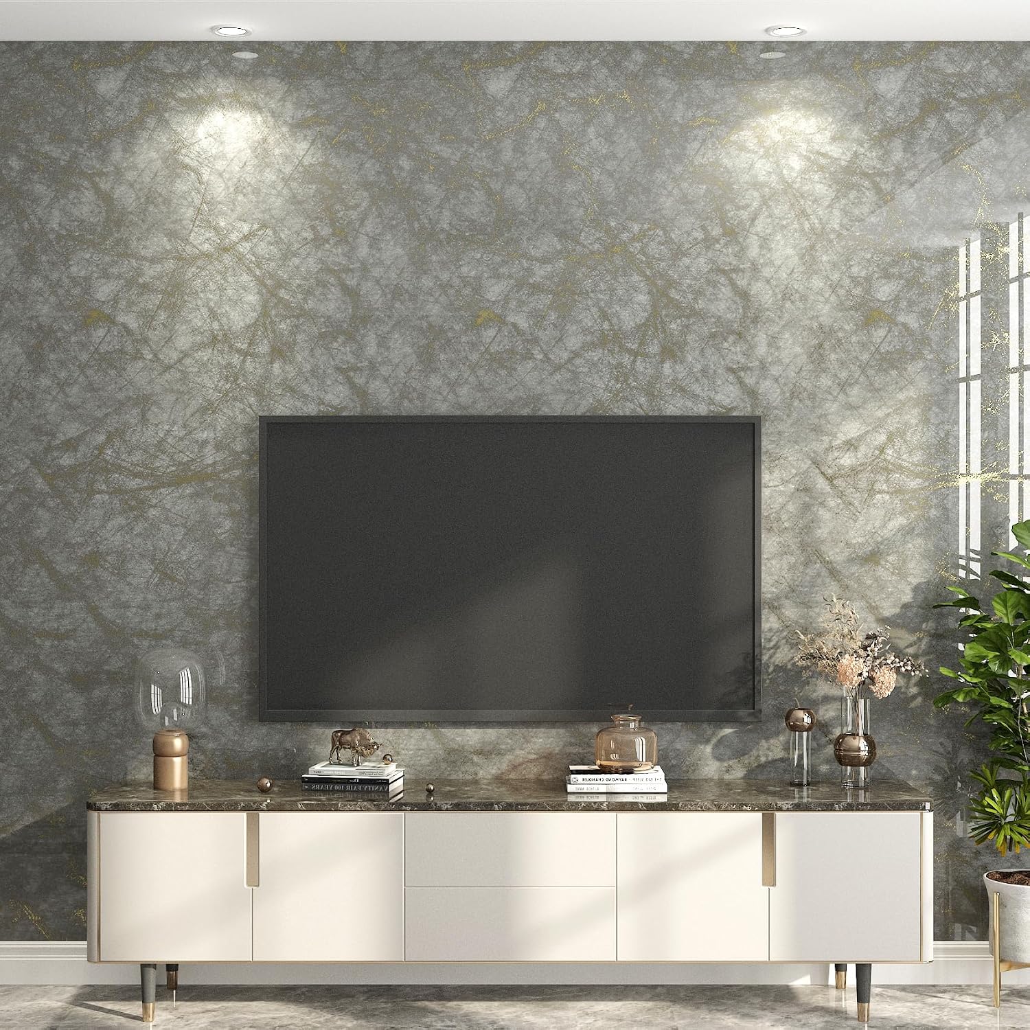 ReWallpaper 15.8inx23ft Gray Gold Marble Wallpaper Peel and Stick Removable Waterproof Modern Stone Wall Covering for Living Room Bedroom Bathroom Accent Walls Hallway Feature Walls Quick DIY Makeover