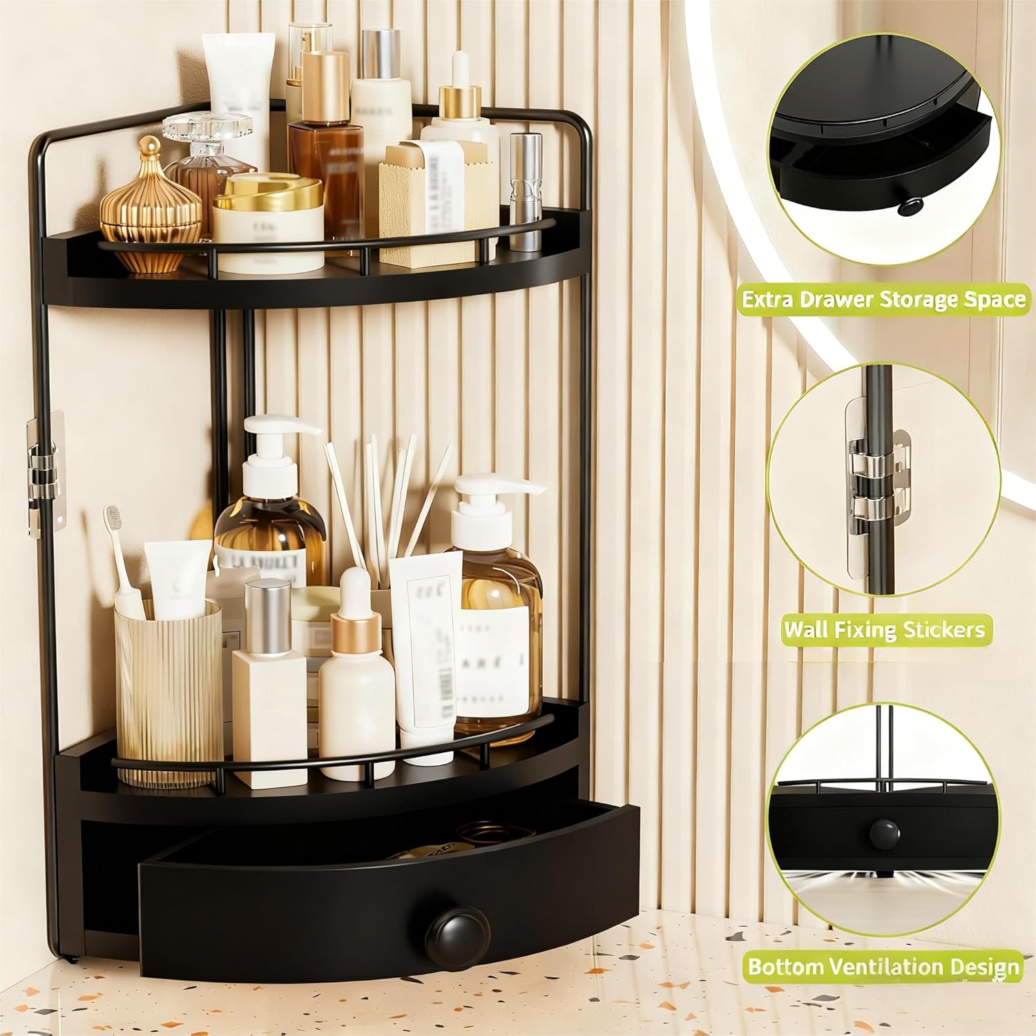 2-Tier Corner Bathroom Counter Organizer with Drawer & Embedded Screw Holes - Wooden Countertop Organizers for Skincare, Makeup Storage, Bathroom Sink Counter Shelf for Vanity, Kitchen, Black