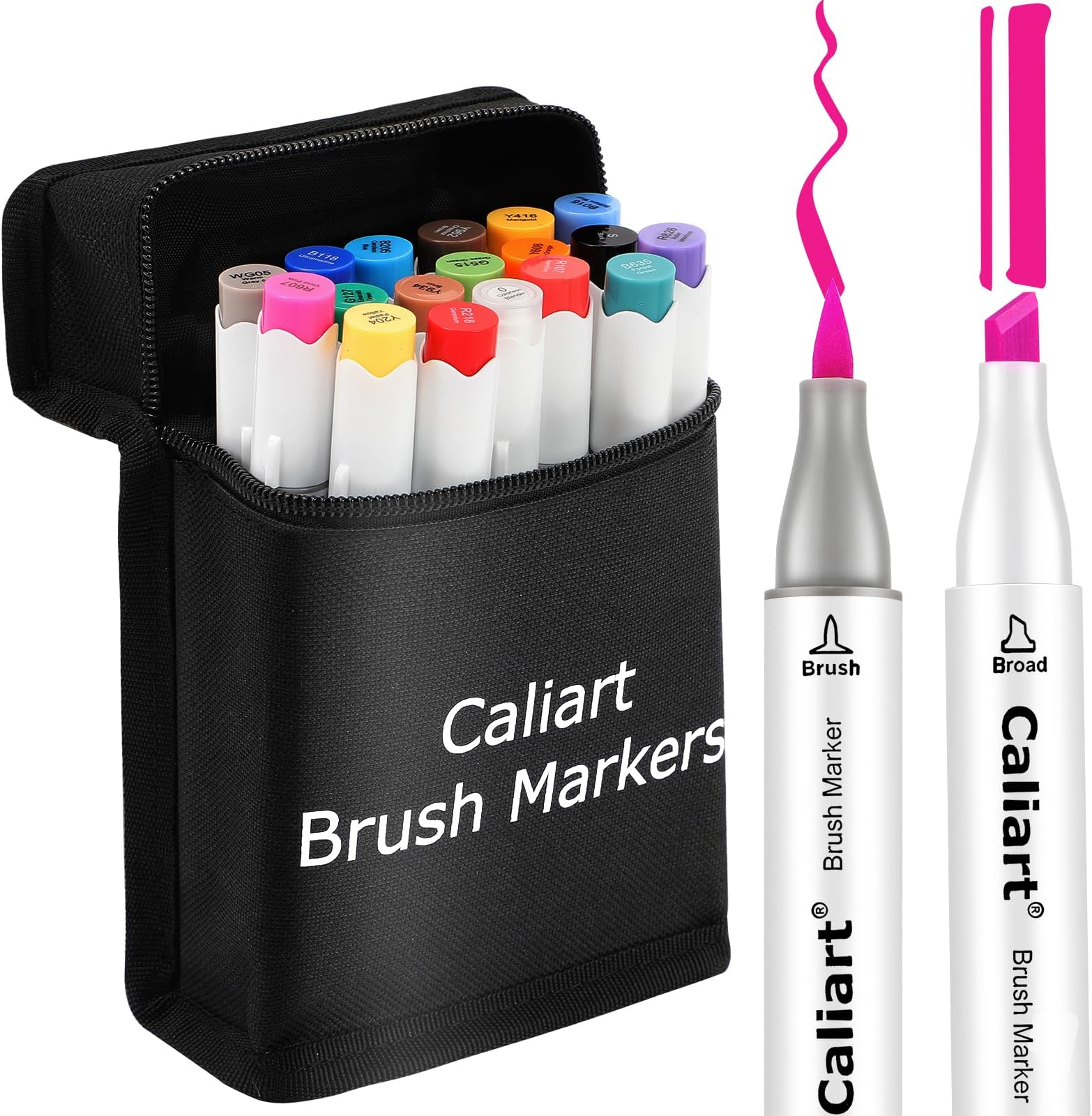 Caliart Markers Brush & Chisel, 18 Colors Alcohol Markers for Adult Coloring Book, Dual Tip Art Pen Set for Artist Illustration Sketch Drawing Gift
