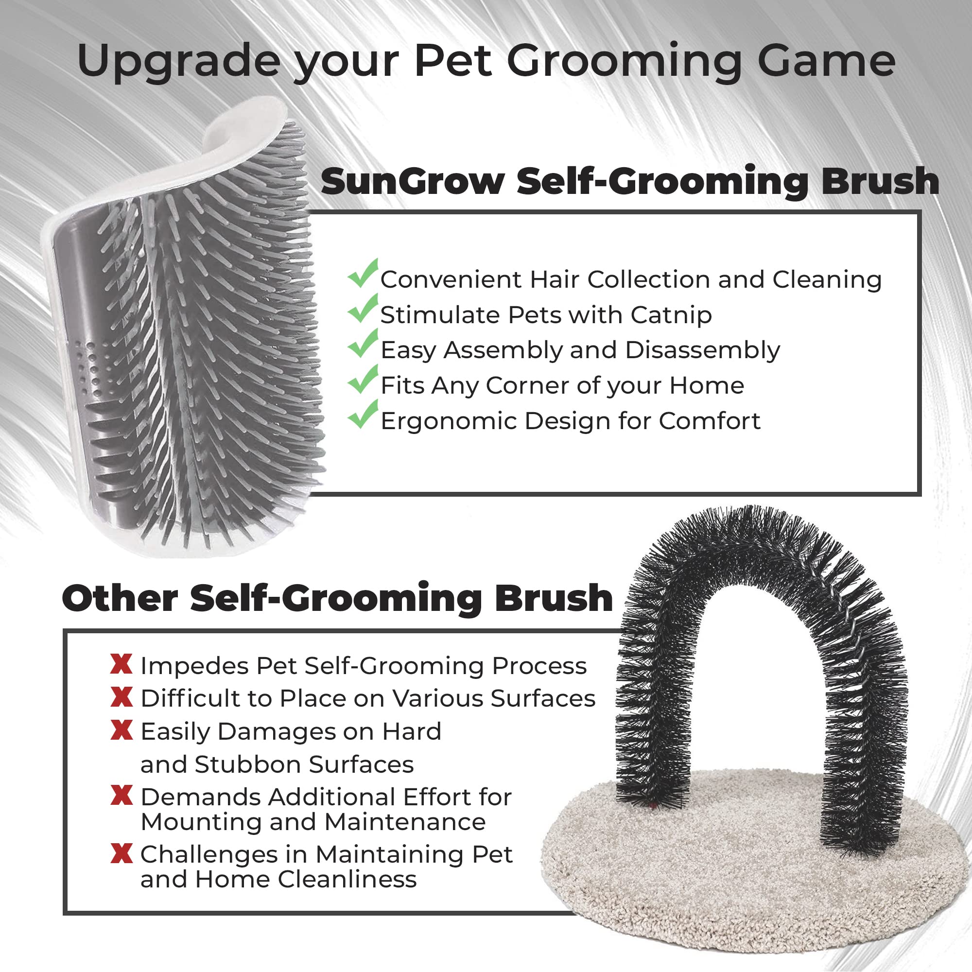 SunGrow Self-Grooming Brush for Cats, Light Gray Self Massager, Mountable to Corners and Flat Surfaces, Includes Brush, Catnip, Screws and Adhesive Tape, 1-pc - image 8
