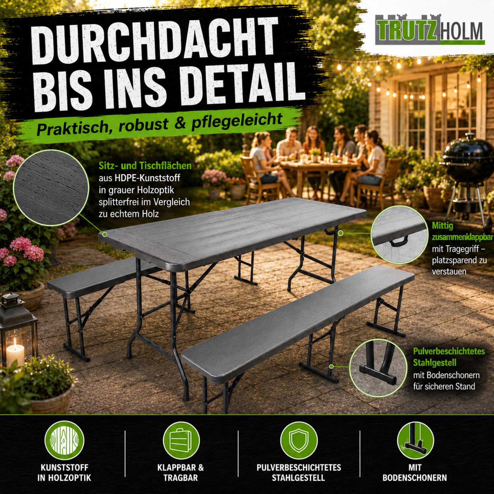 TRUTZHOLM Bierzeltgarnitur in Grauer Holzoptik Festzeltgarnitur 180x75cm klappbar Gartenmöbelset 2 Bierbänke 1 Tisch Campingbedarf Gartenparty Balkon Garnitur