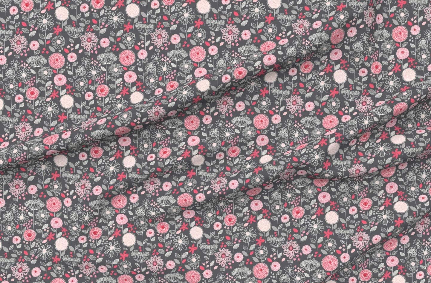 Spoonflower Fabric - Flowers Fantasy Gray Love Valentines Leaves Red Pink Printed on Organic Cotton Sateen Fabric by The Yard - Sewing Quilting Apparel Home Decor