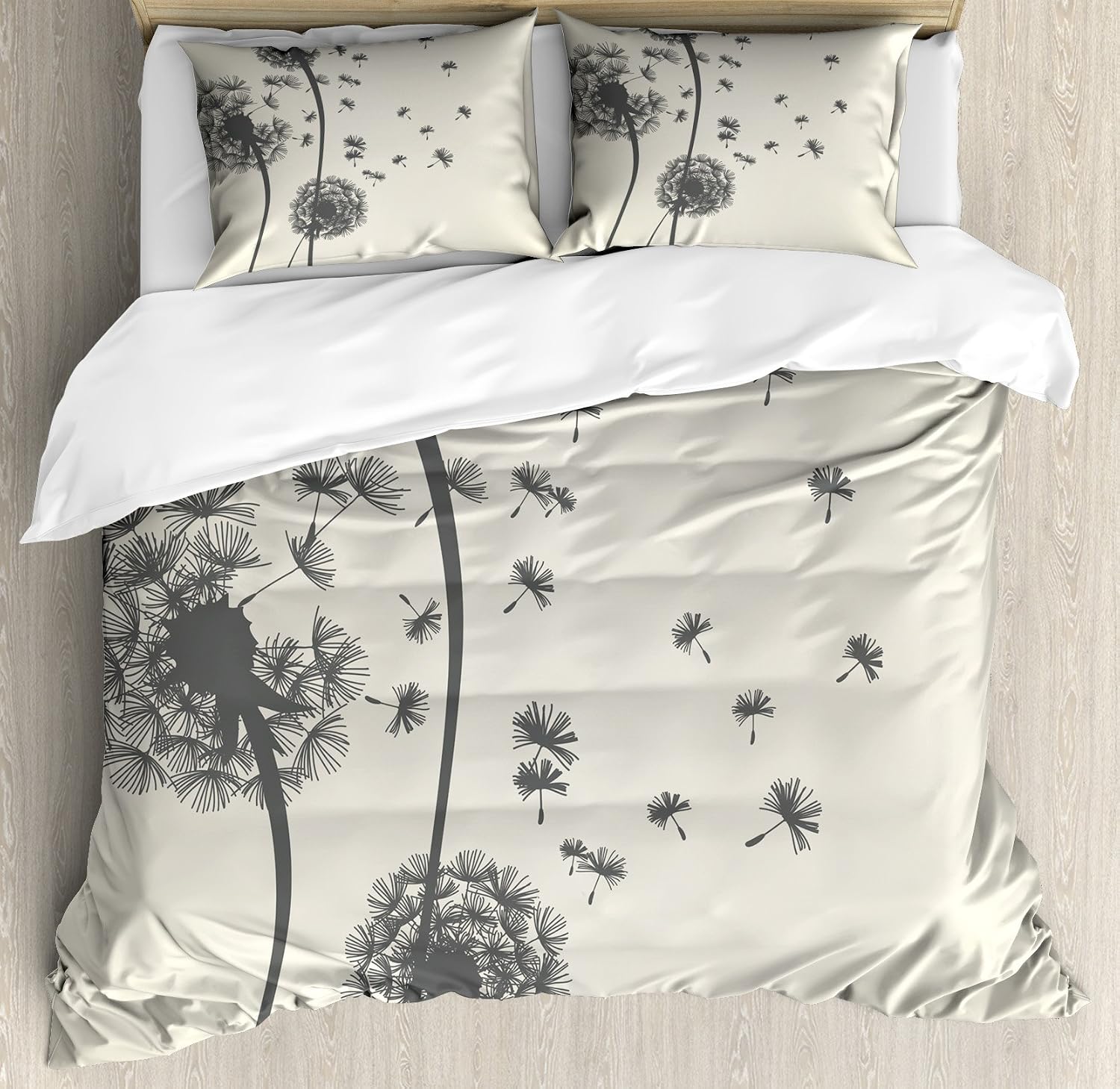 Lunarable Dandelion Duvet Cover Set, Ornamental Motif of Tiny Flying Away from The Plants Body, Decorative 3 Piece Bedding Set with 2 Pillow Shams, King Size, Beige Grey