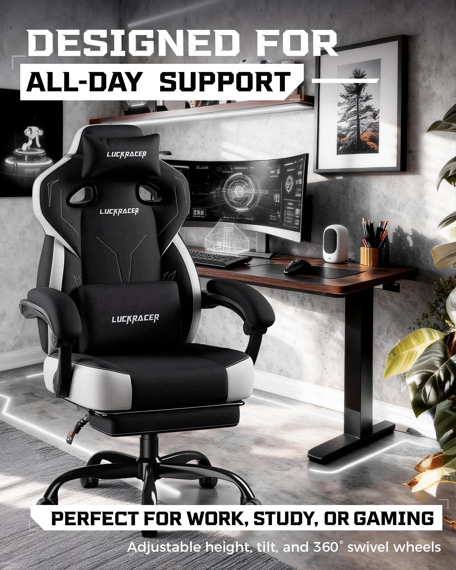 LUCKRACER - Sedia da gaming in tessuto, sedia da ufficio con braccioli collegati, cuscino in memory foam, angolo di inclinazione 90–155° e poggiapiedi, tessuto funzionale resistente, nero