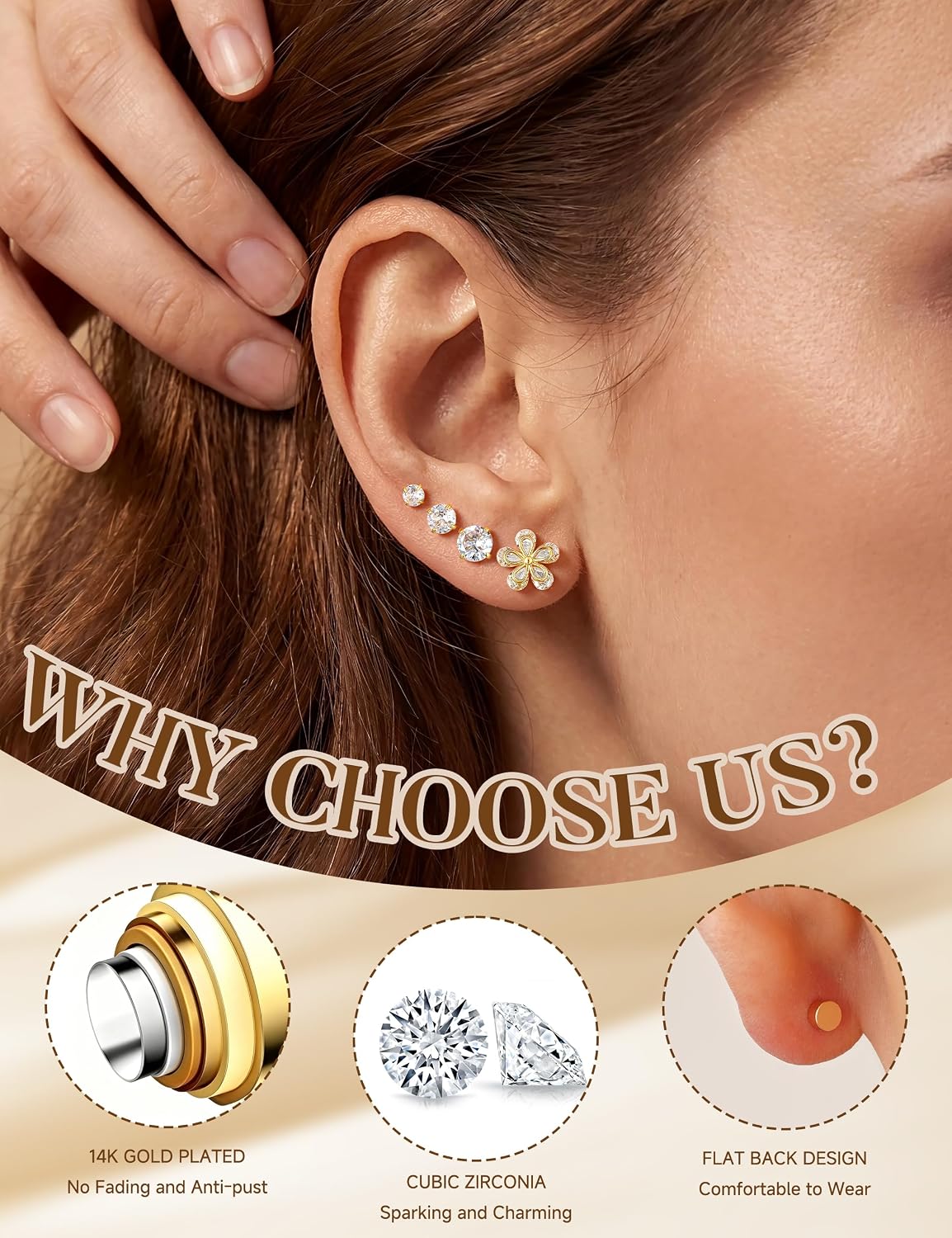 TURANDOSS Hypoallergenic Flat Back Stud Hoop Earring Set for Women Girls